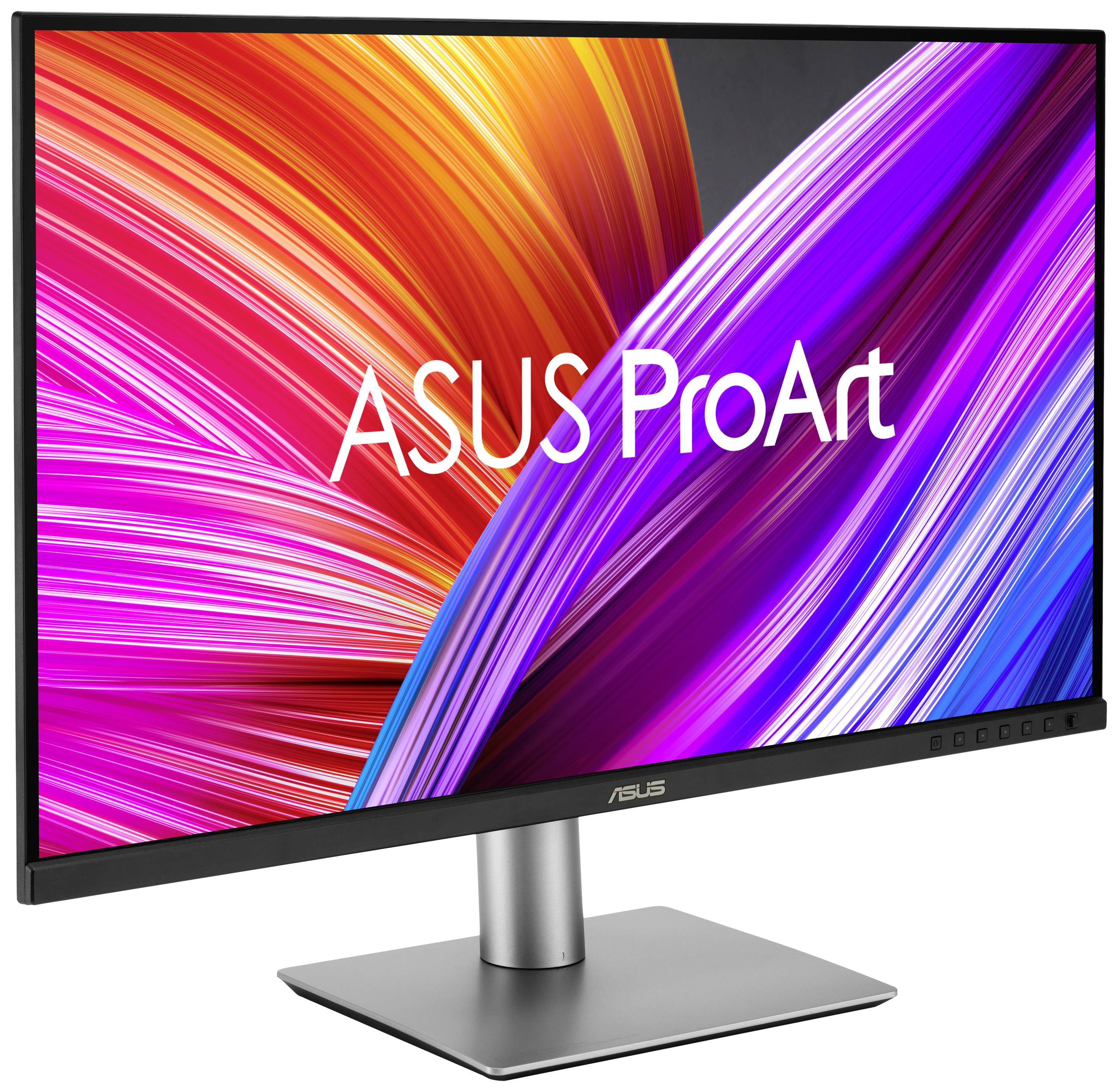 Ein schwarzer ASUS ProArt Monitor mit buntem, abstraktem Hintergrund im Bildschirmschoner.