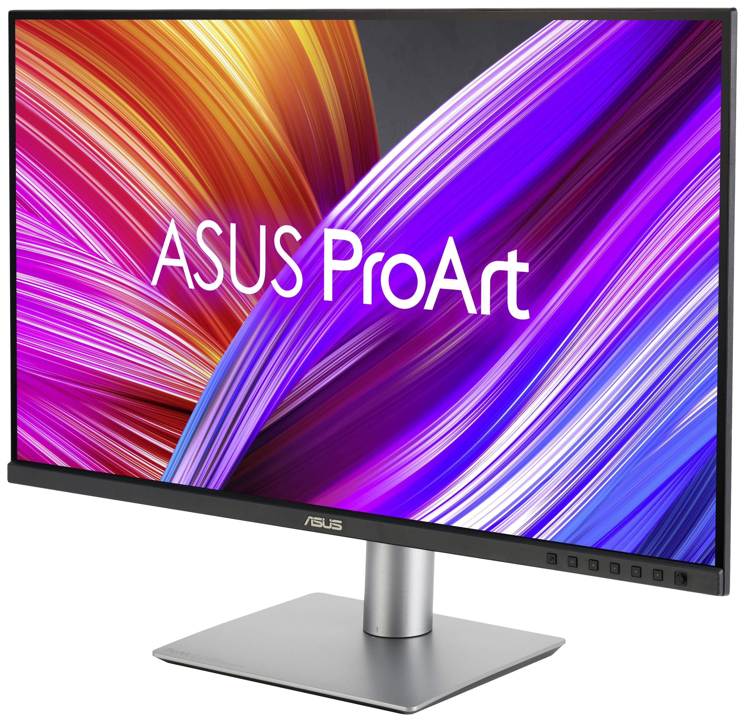 Ein ASUS ProArt Monitor mit einem lebendigen, farbenfrohen Hintergrund, der Grafik- und Designanwendungen unterstützt.