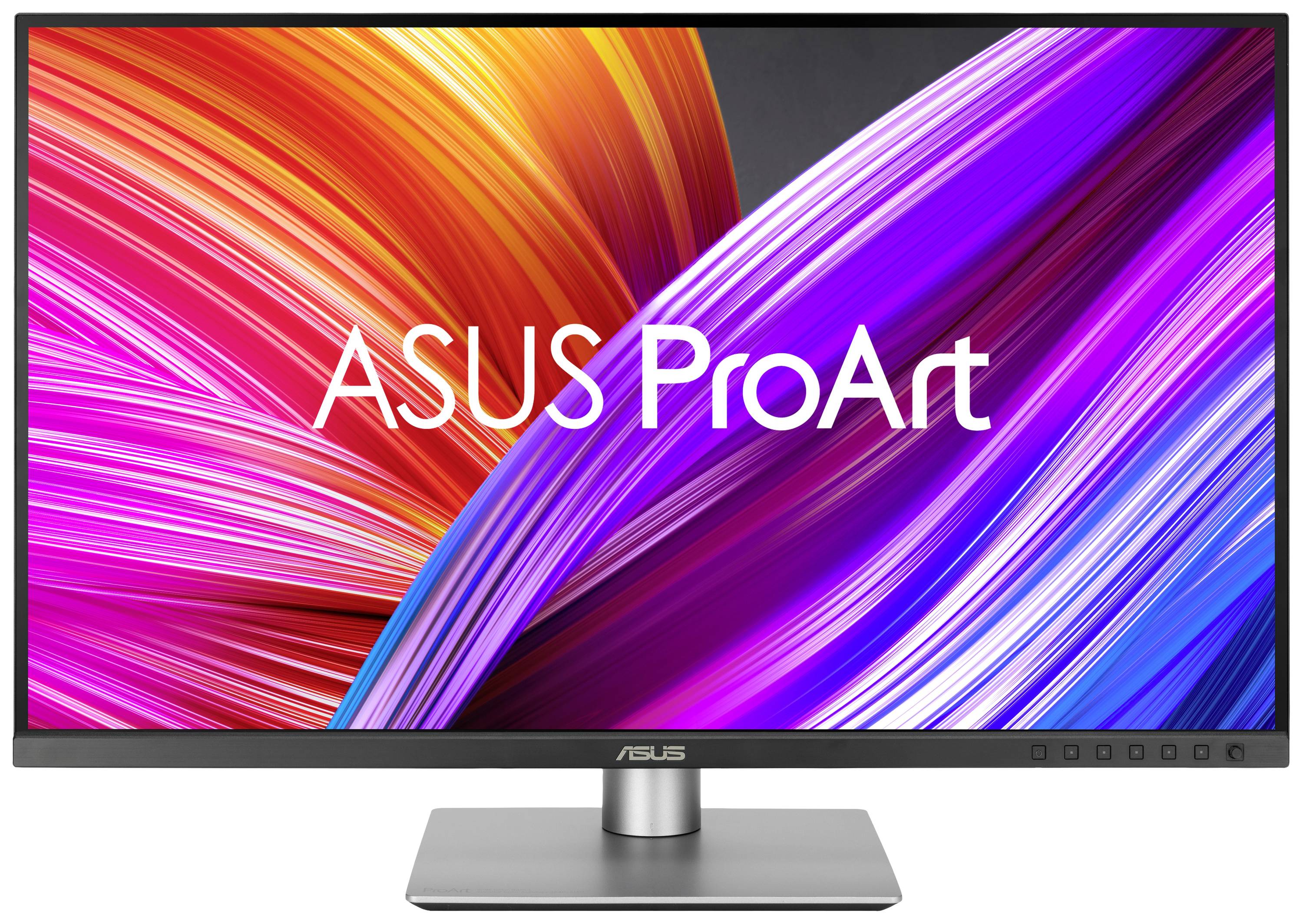 Ein ASUS ProArt Monitor mit leuchtenden, abstrakten Farben auf dem Display. Hauptzweck: Hochwertiges visuelles Design und Farbgenauigkeit anzeigen.