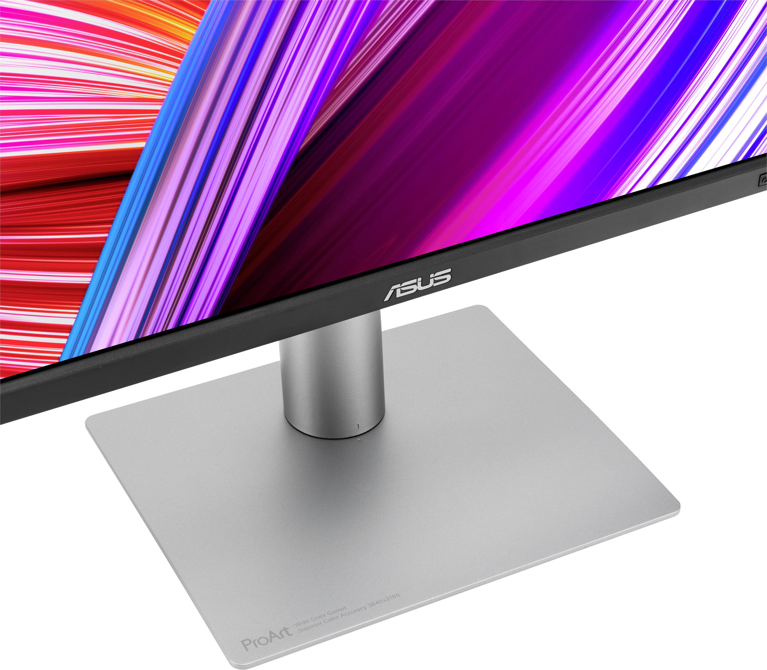 Ein Monitor der Marke Asus mit einem silbernen Standfuß und einem Display mit buntem, abstraktem Design.