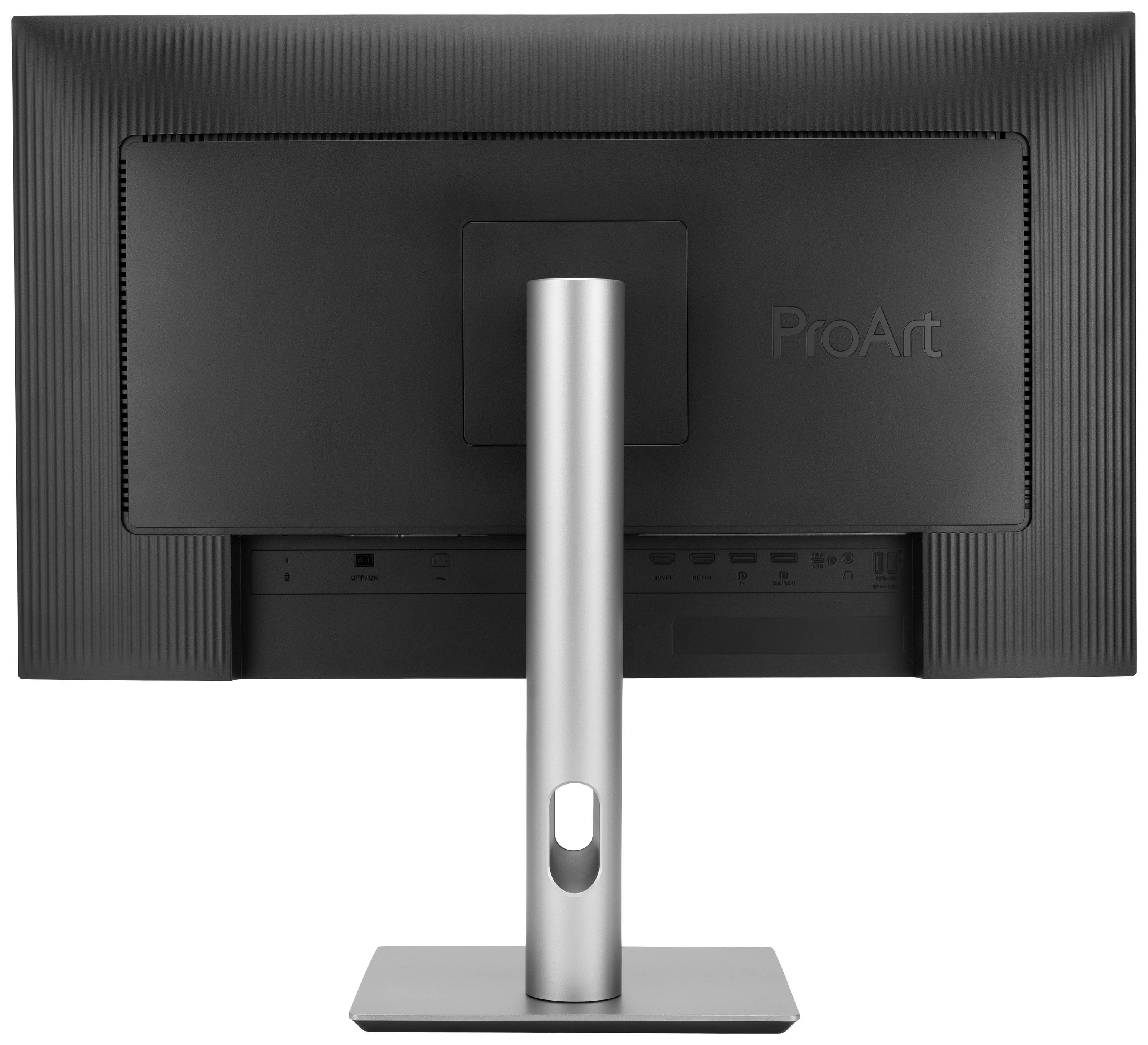 Rückseite eines schwarzen Monitors von ASUS mit schmalem Standfuß, minimalistischem Design und der Aufschrift 'ProArt'.