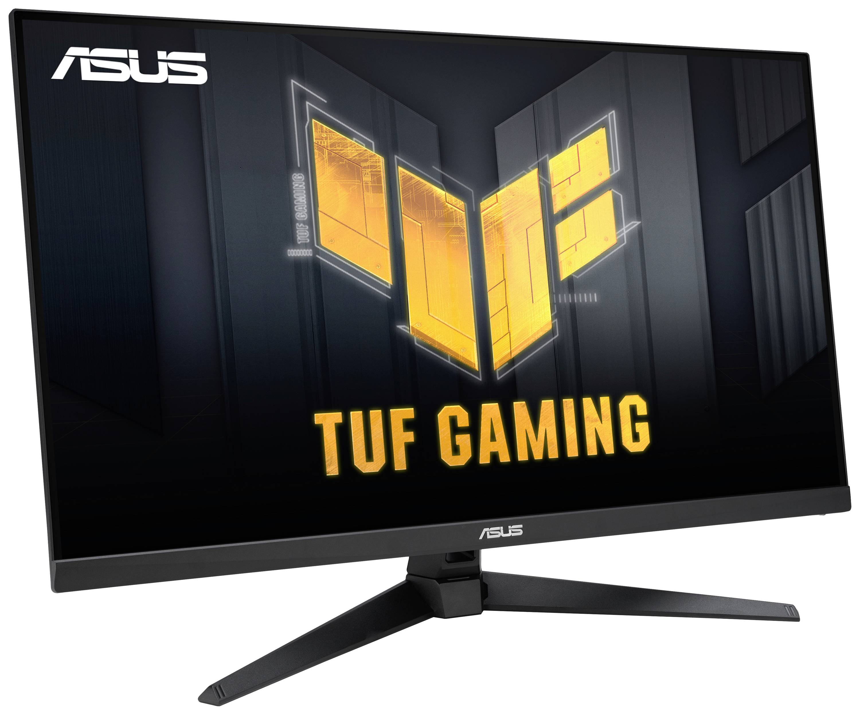 Ein ASUS TUF Gaming-Monitor mit großem Bildschirm und modernem Design, ideal zum Spielen und Arbeiten mit leuchtendem Logo in der Mitte.