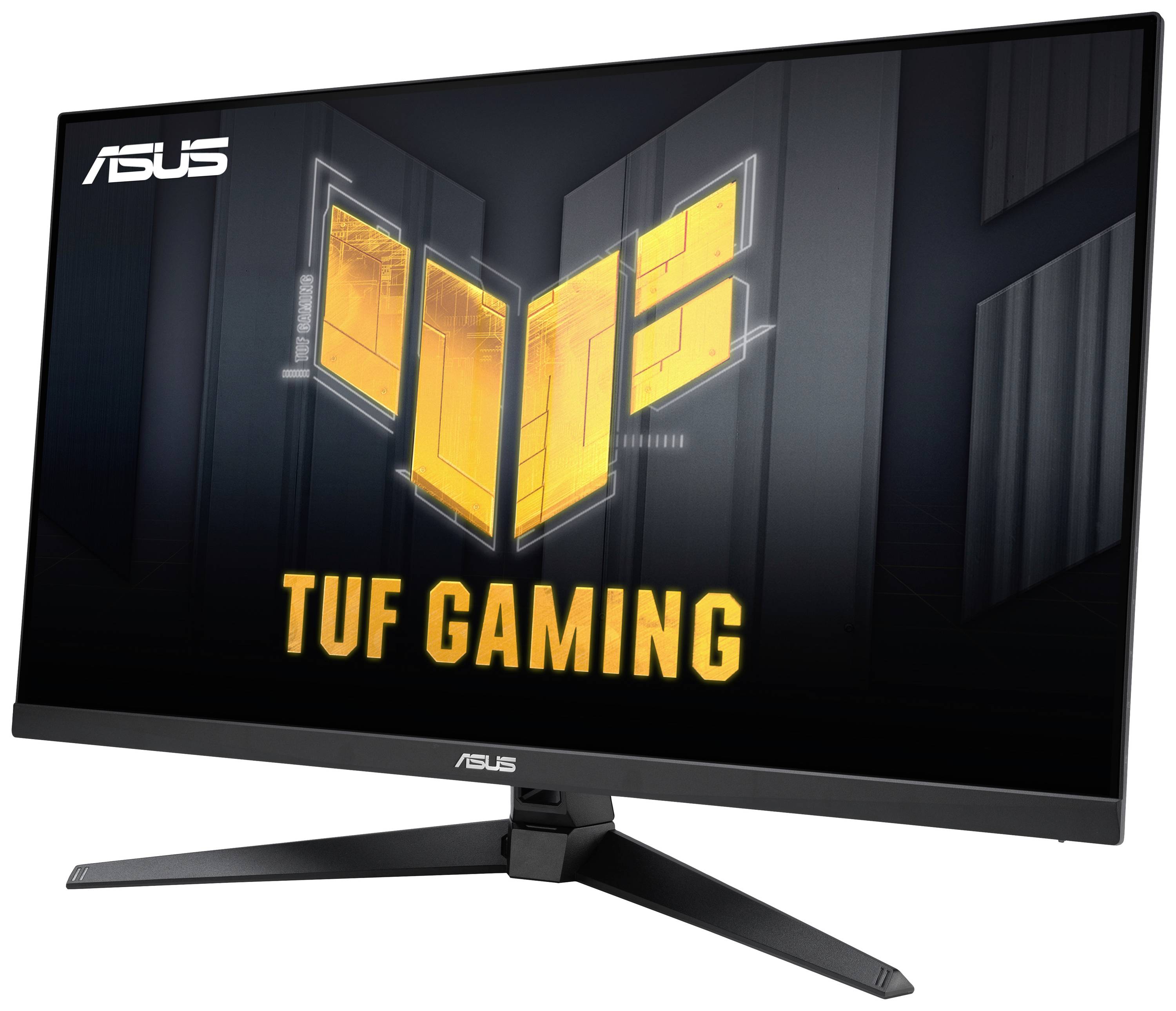 Ein schwarzer ASUS TUF Gaming-Monitor mit leuchtendem gelbem Logo auf dem Bildschirm, auf einem dreieckigen Standfuß montiert.
