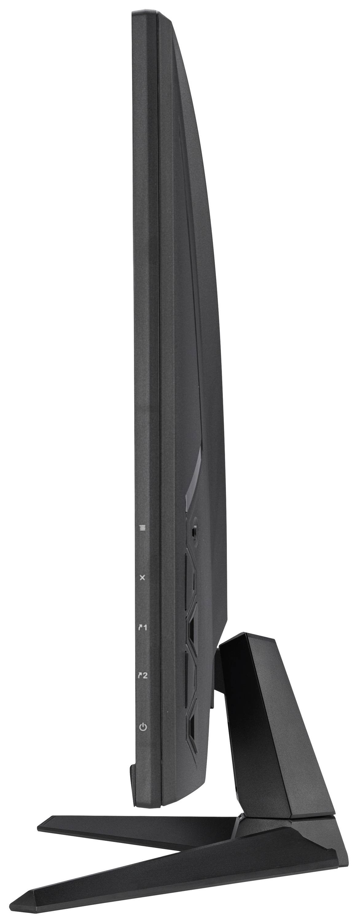 Seitenansicht eines schwarzen Computermonitors mit dünnem Rahmen und stabilem Standfuß.