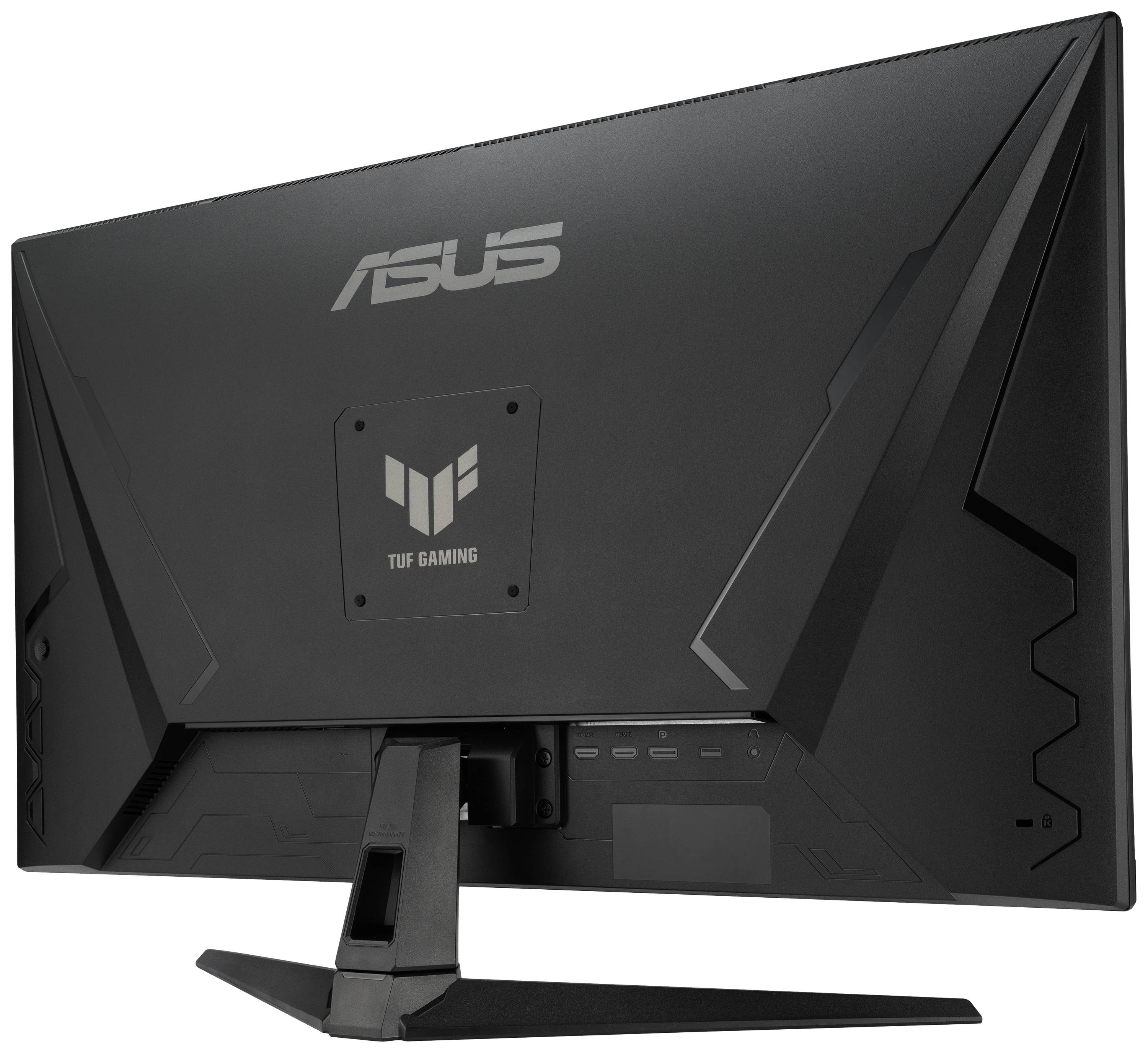 Ein schwarzer ASUS TUF Gaming-Monitor von hinten, zeigt das Standfußdesign und das TUF-Logo auf der Rückseite.