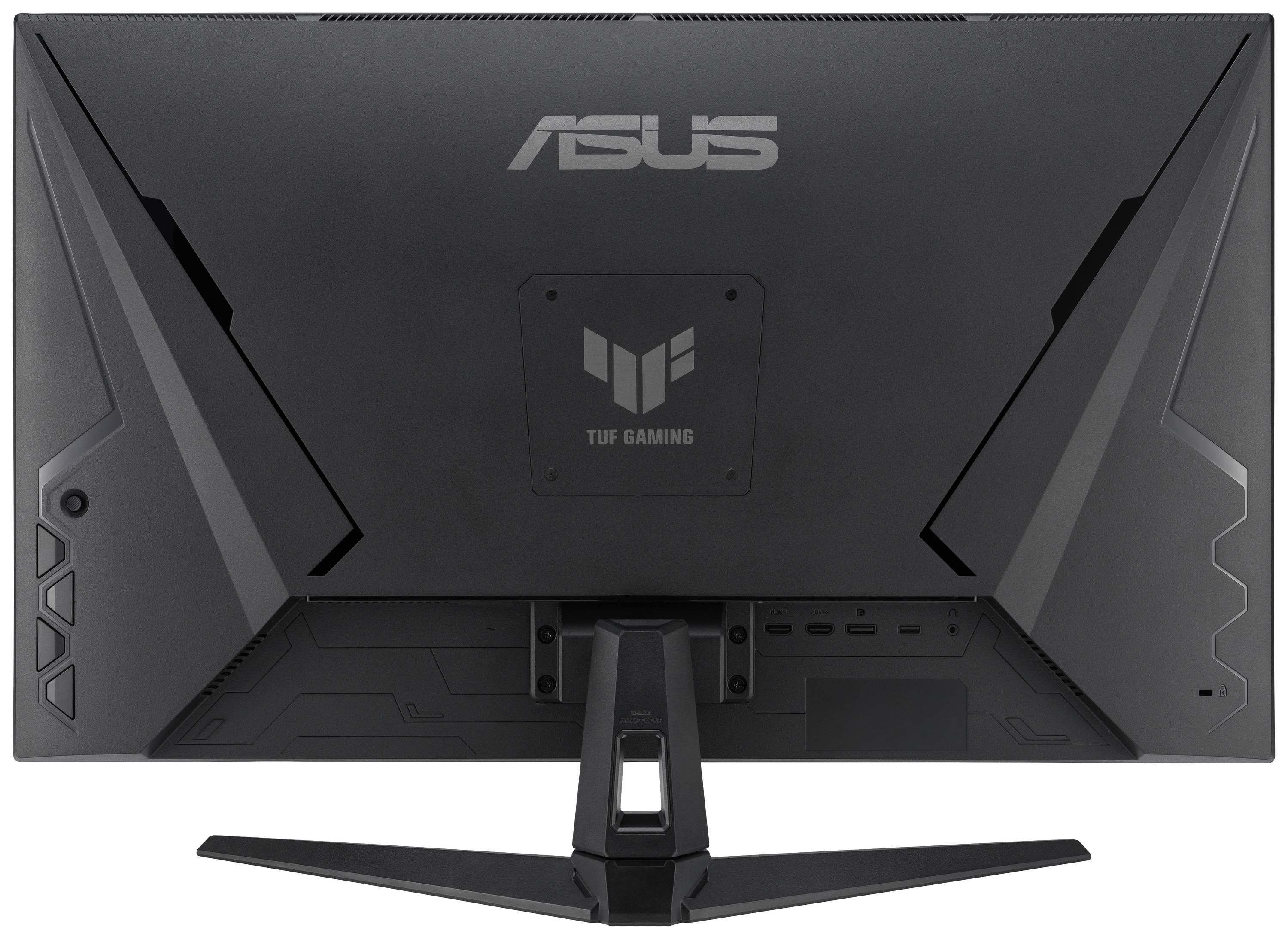 Rückseite eines ASUS Gaming-Monitors mit futuristischem Design und TUF Gaming-Logo, schwarzes Gehäuse.