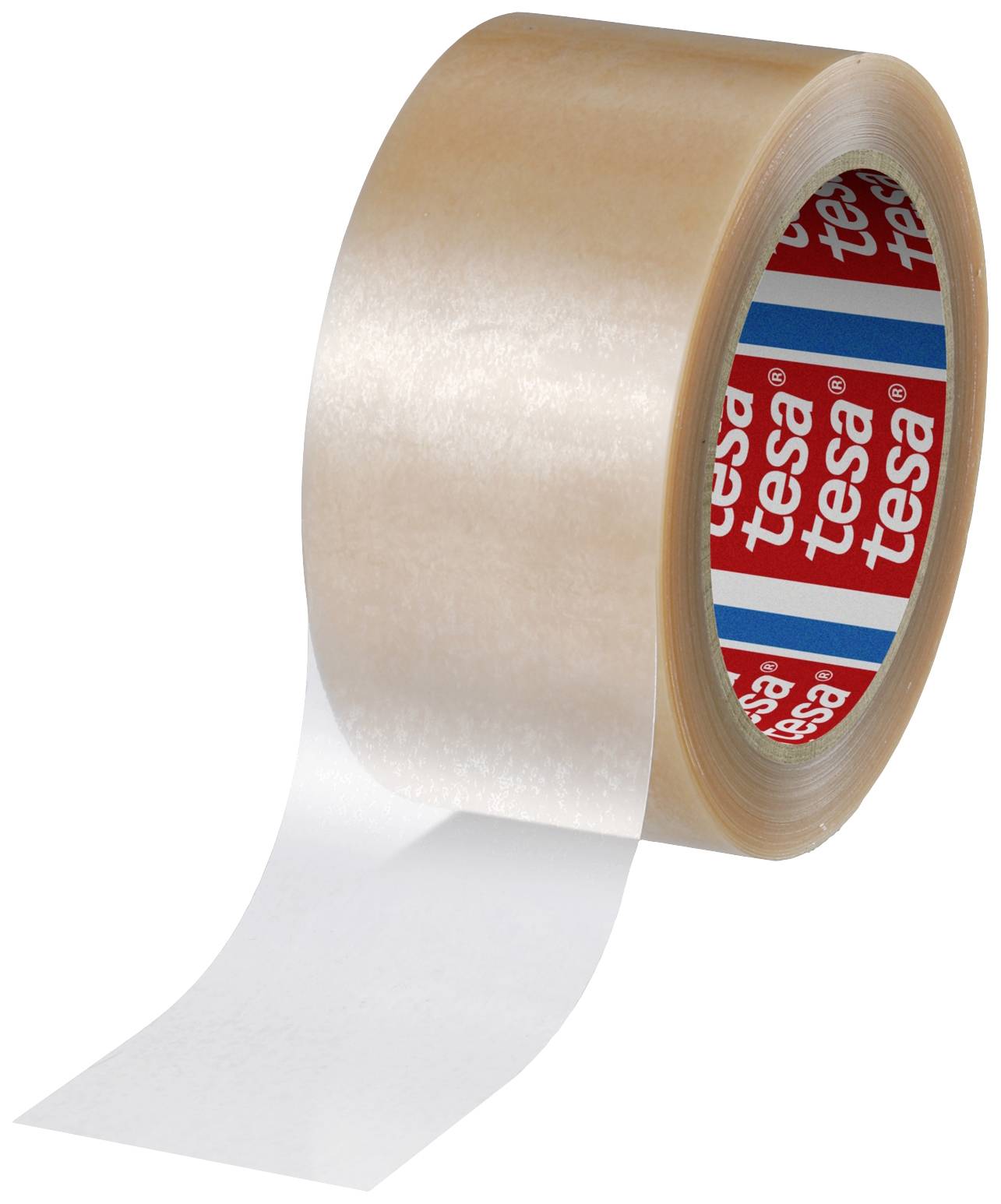 Klebebandrolle mit braun-transparentem Band, teilweise abgerollt.