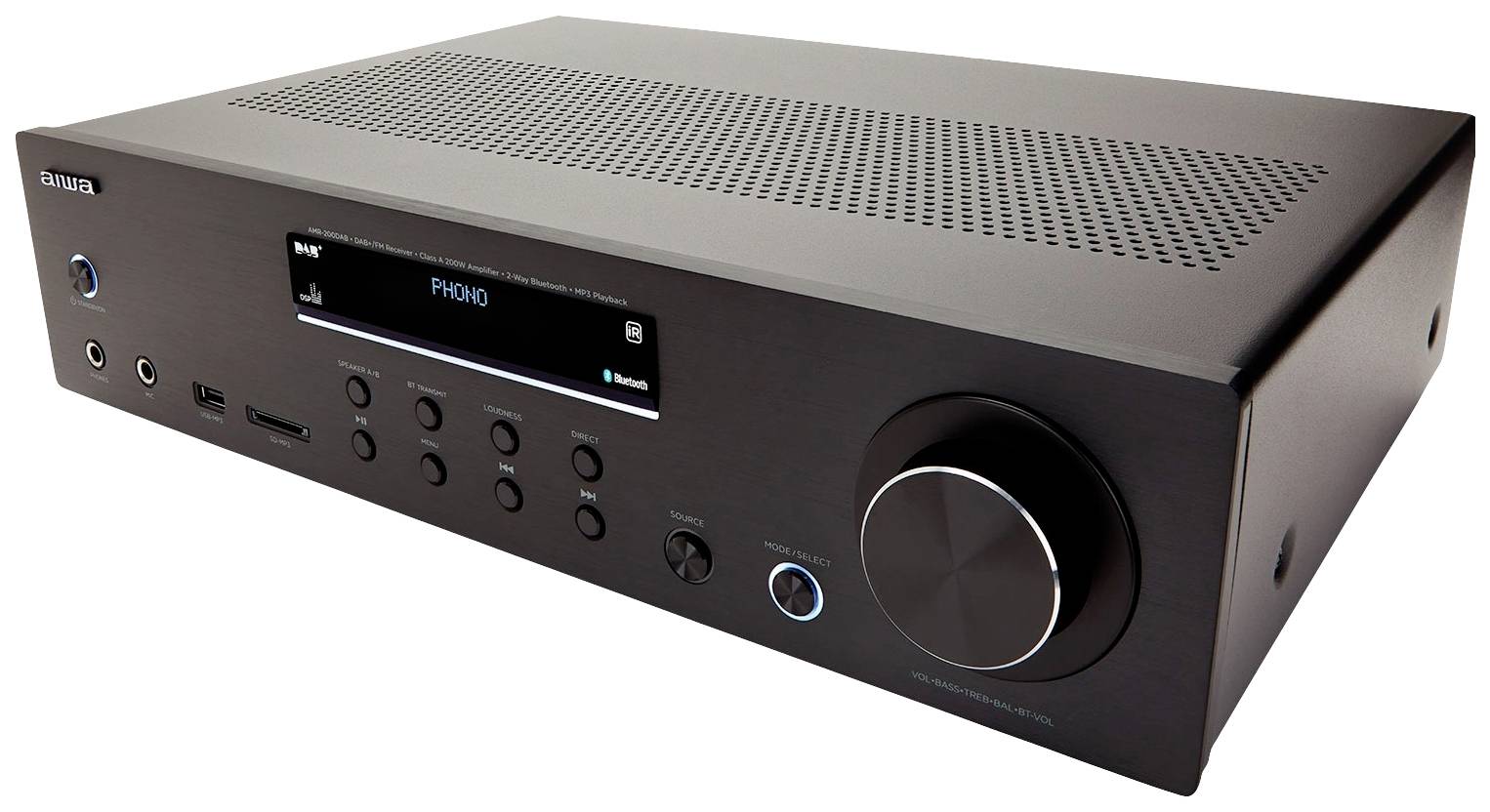 Aiwa AMR-200DAB AV-Receiver 2x100 W Schwarz Bluetooth®, DAB+, Inkl. Lautsprechern, Lautsprecher A/B-Schaltung, USB
