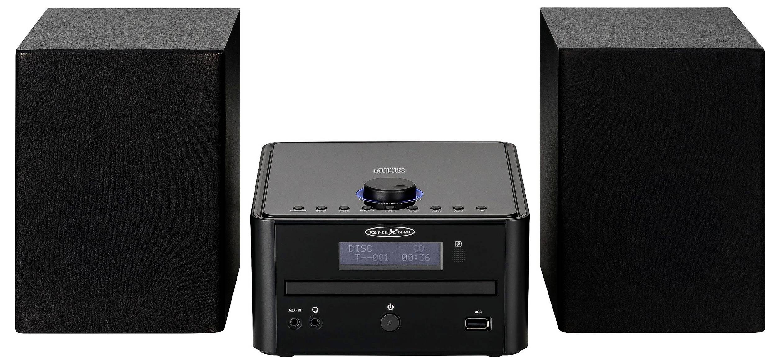Schwarzes Stereosystem mit zentralem CD-Receiver und zwei passenden Lautsprechern auf weißem Hintergrund.
