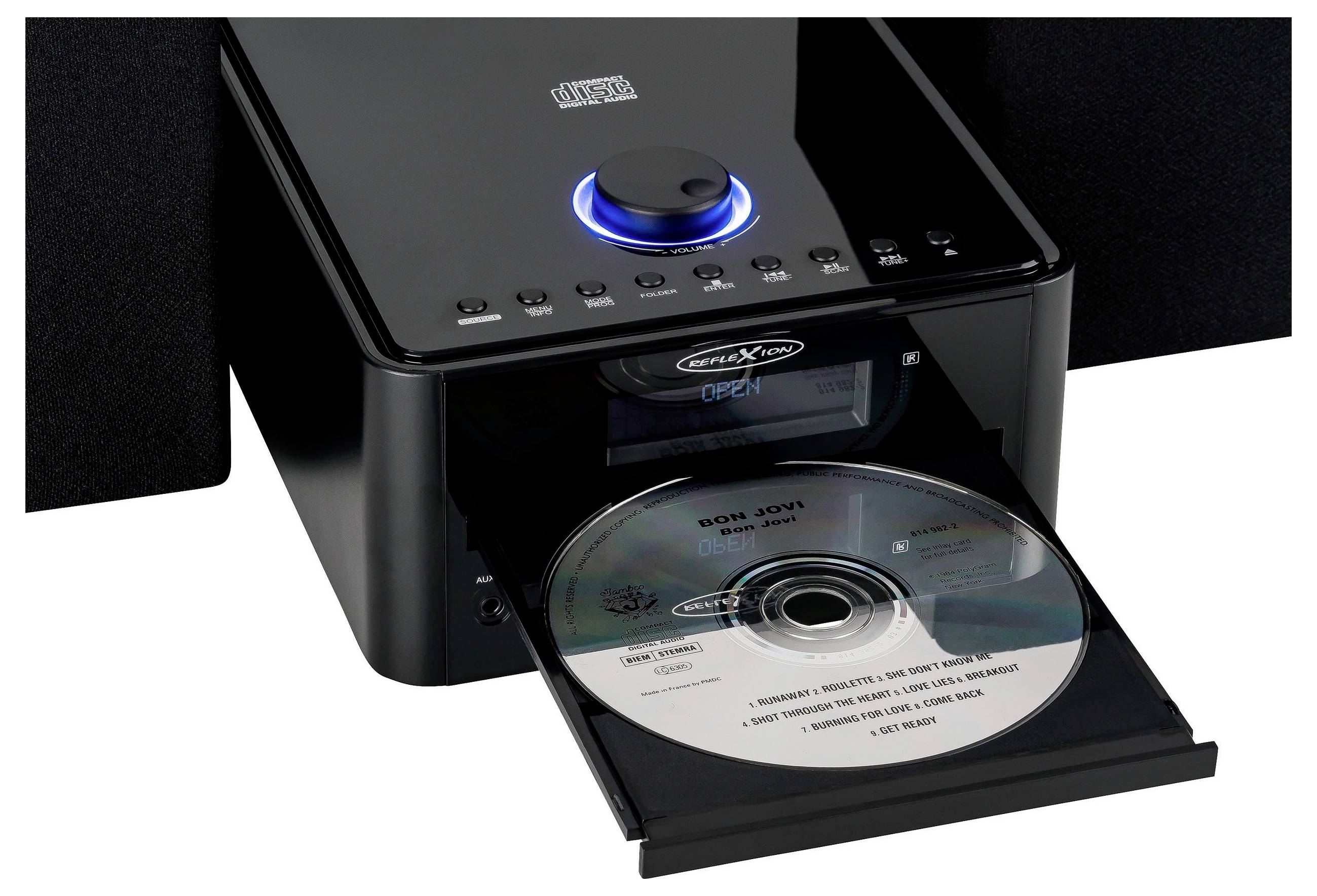 Schwarzer CD-/DVD-Drucker oder Dupliziergerät mit geöffnetem Fachauszug, auf dem eine bedruckte Disc geladen wird; blau beleuchtete Steuertaste oben.