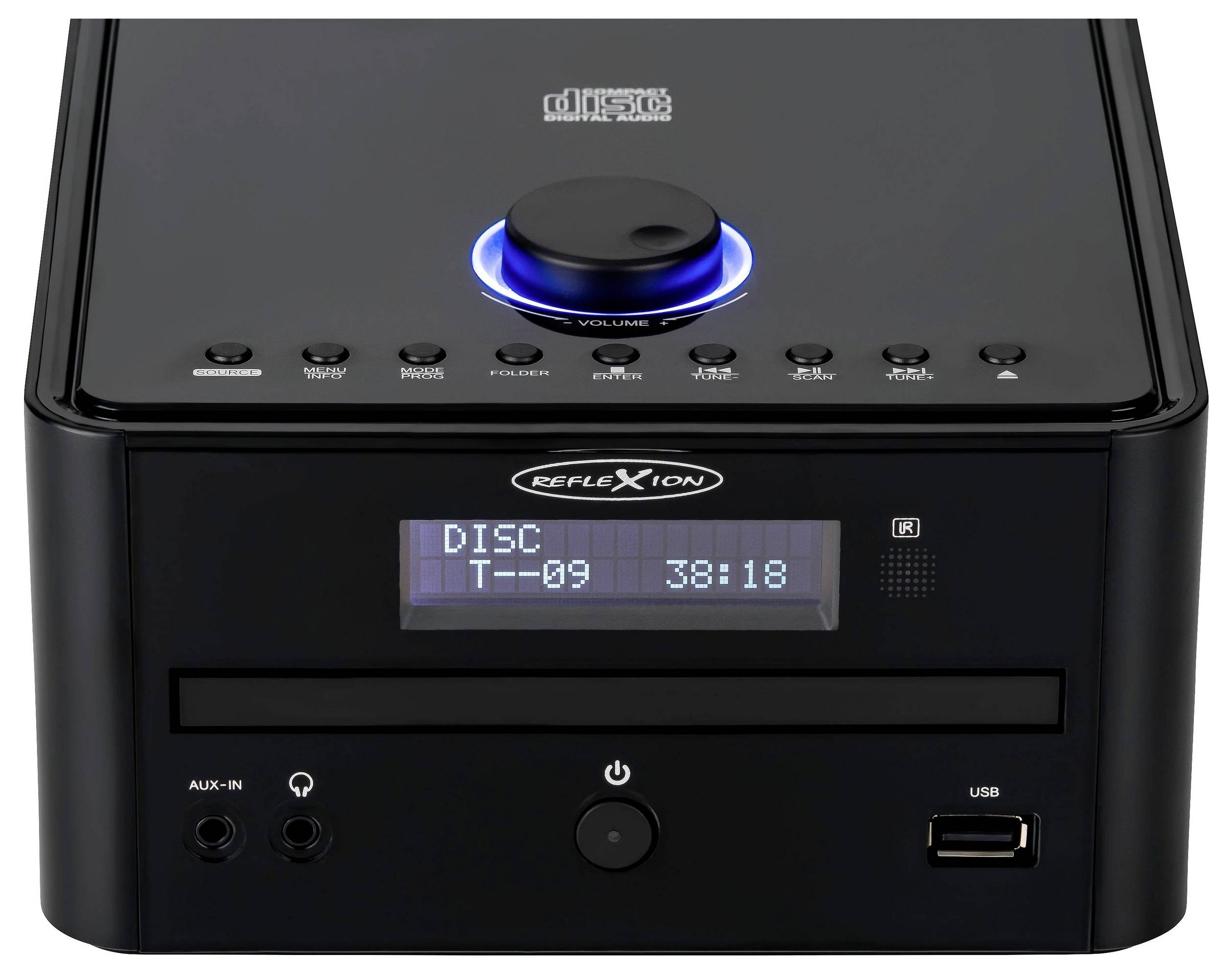 Black Reflexion Desktop-CD-Player mit leuchtendem blauem Lautstärkeregler, Display zeigt 'DISC T-09 38:18' und Frontbedienelemente einschließlich AUX, Kopfhörerbuchse, Stromschalter und USB-Anschluss.