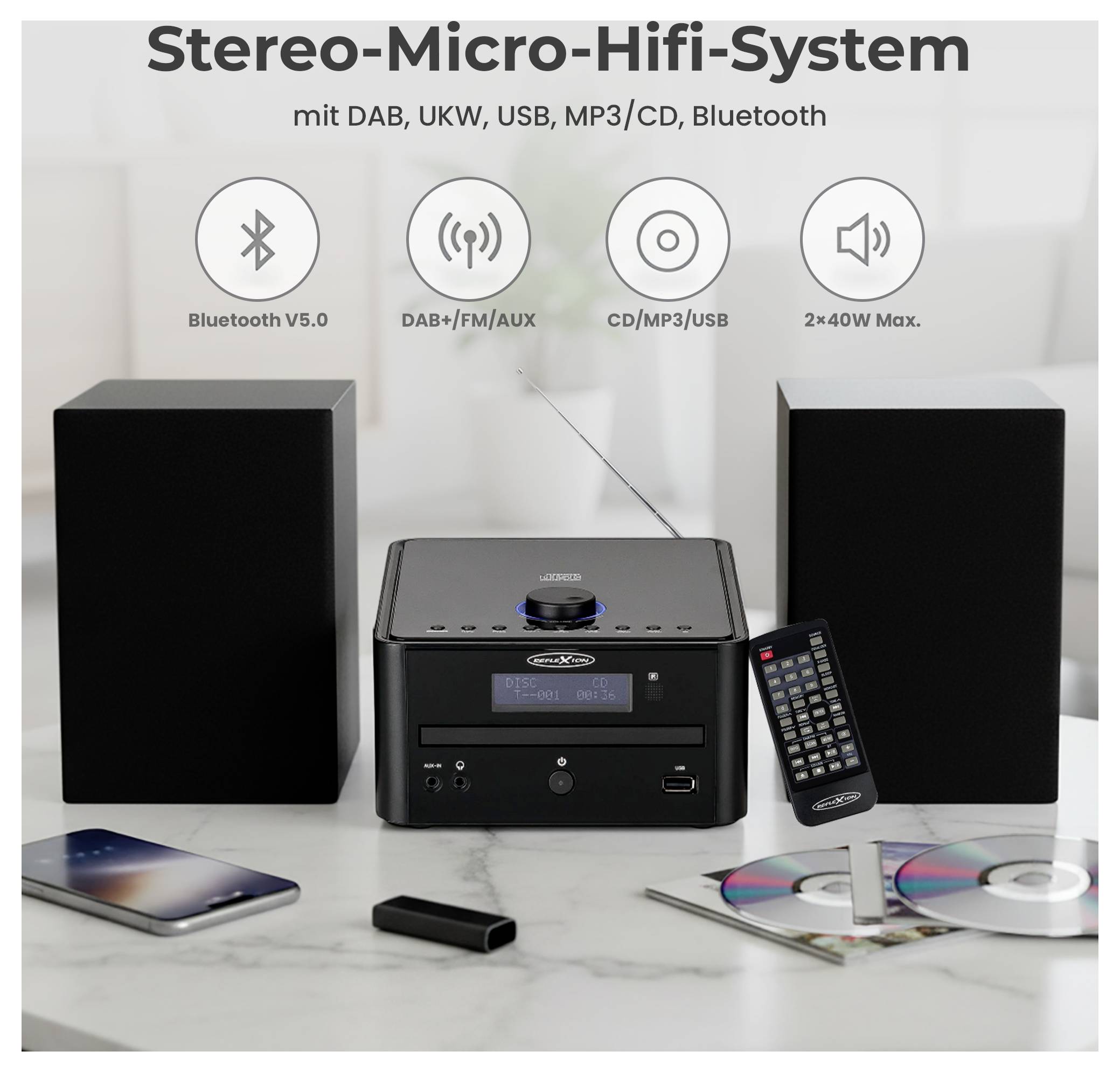 Stereo-Micro-Hifi-System mit zwei Lautsprechern, Zentralgerät und Fernbedienung; unterstützt Bluetooth, DAB+/FM, USB und CD/MP3, 2x40W max.