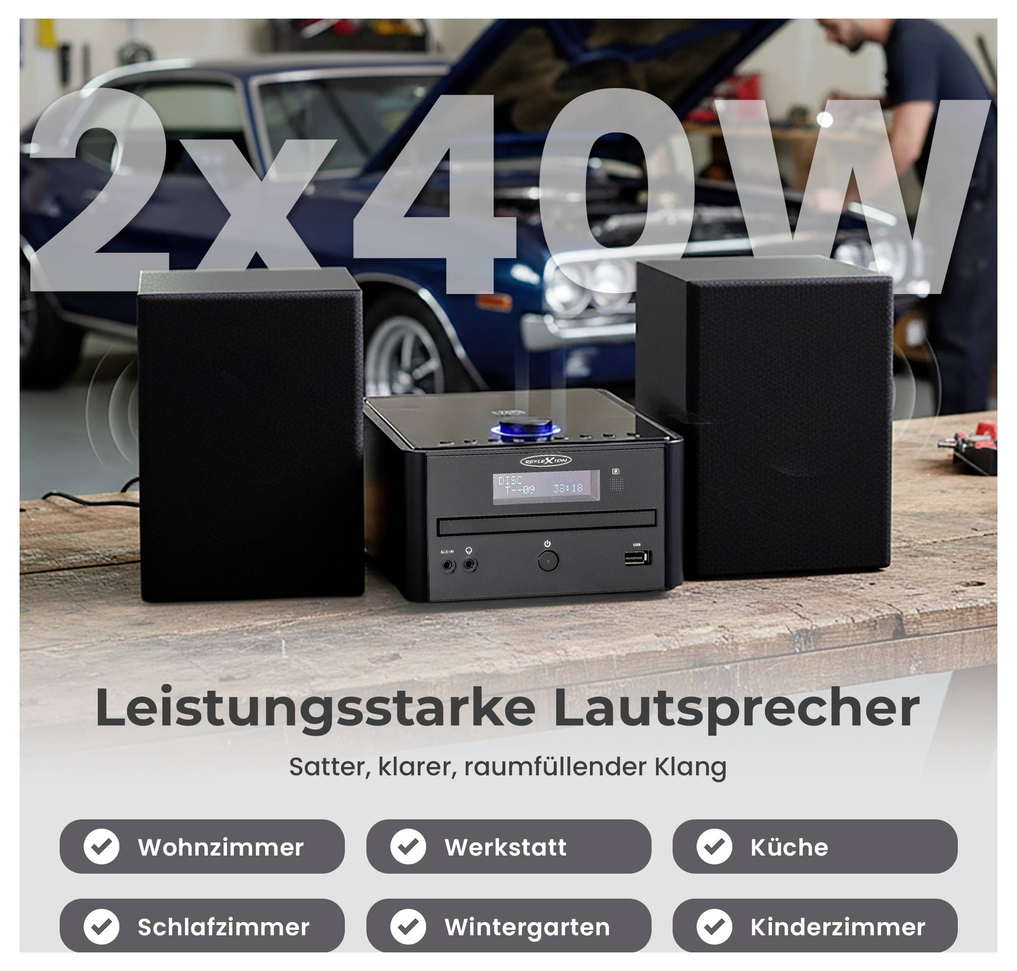 Werbung für ein Lautsprecherset mit Mini-Anlage und zwei Boxen; groß steht '2x40W', darunter 'Leistungsstarke Lautsprecher' und Einsatzorte wie Wohnzimmer, Werkstatt und Küche.