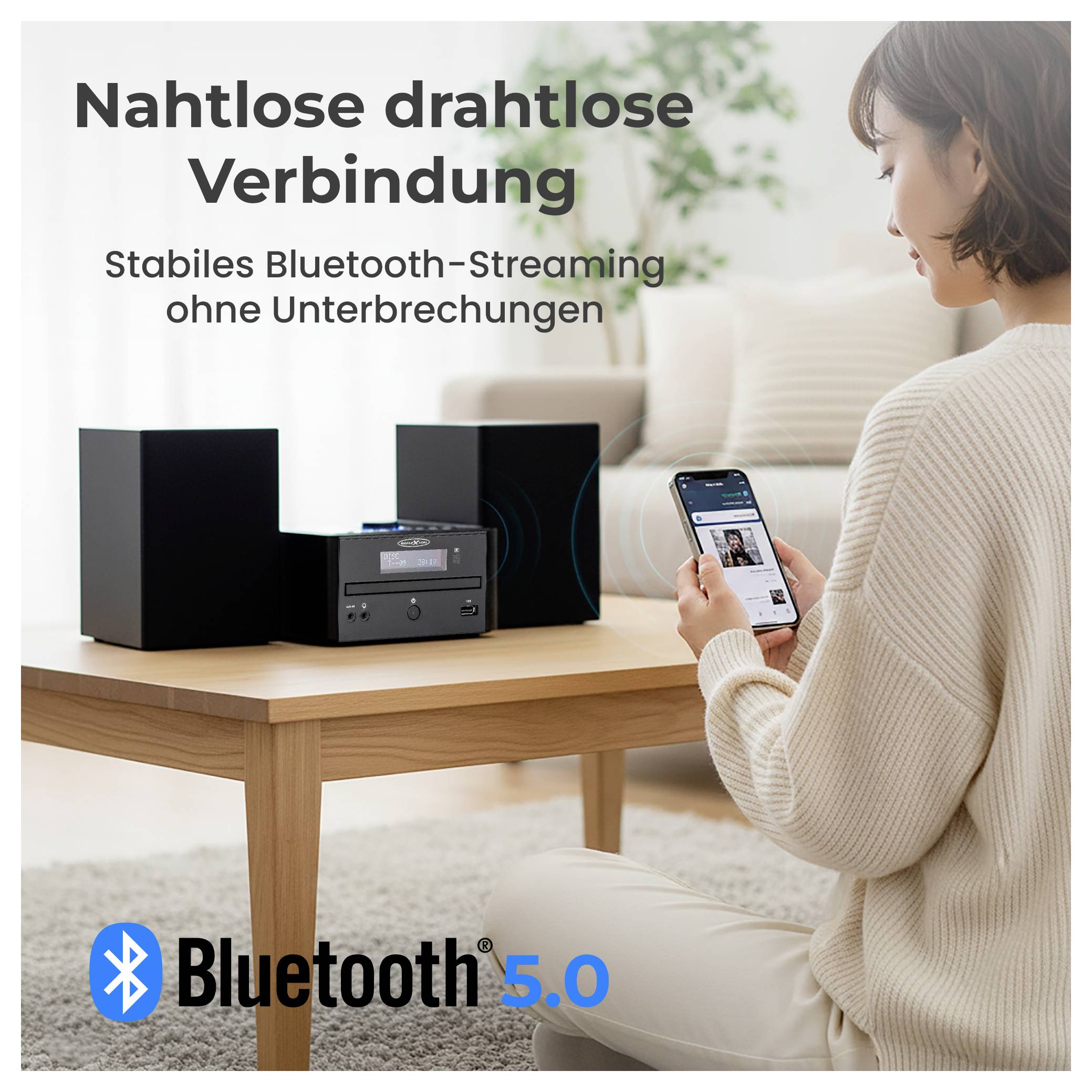 Werbung für Bluetooth 5.0: Frau steuert eine Stereoanlage per Smartphone; Text verspricht nahtlose drahtlose Verbindung und stabiles Streaming ohne Unterbrechungen.