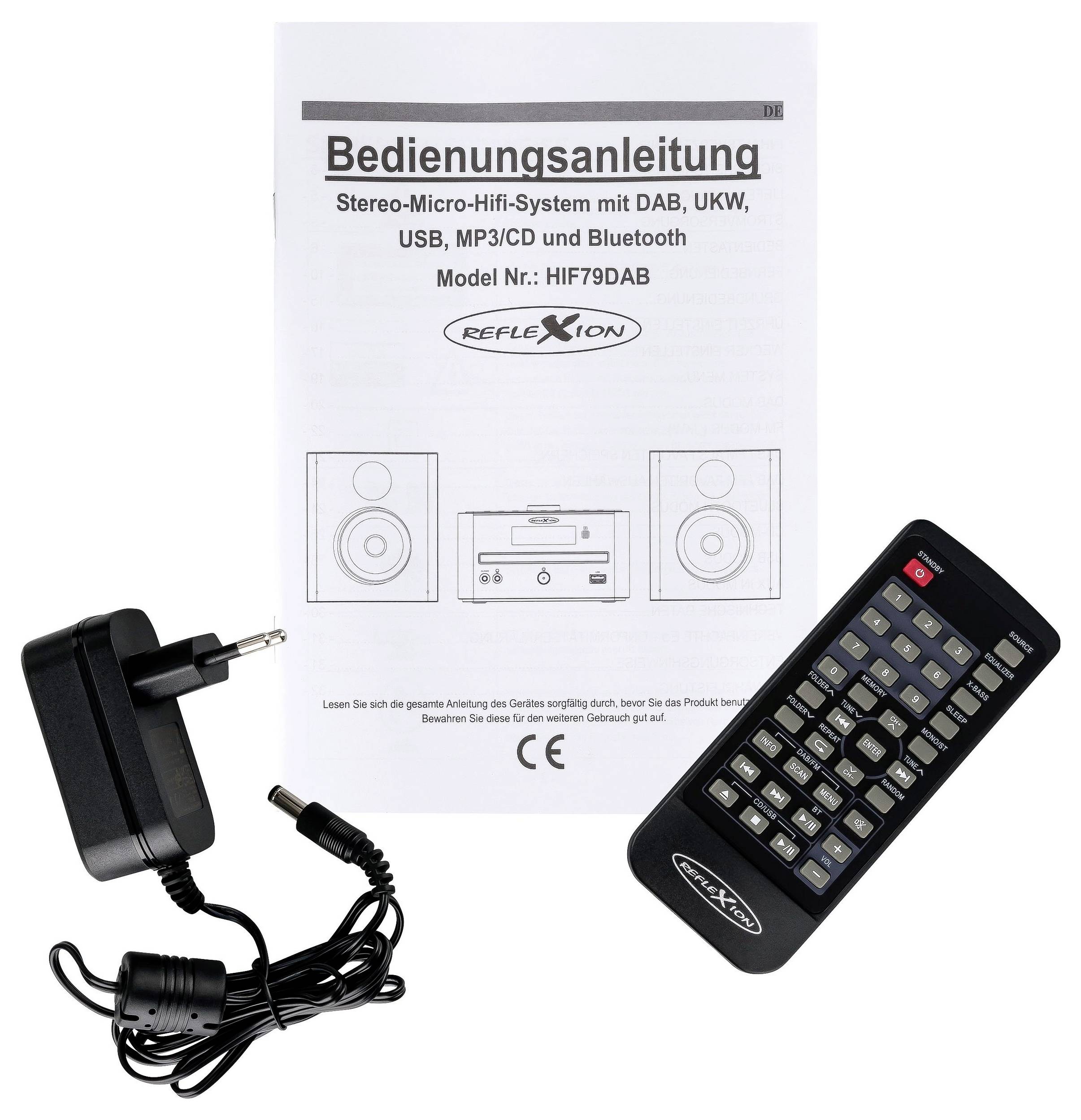 Bedienungsanleitung für Stereo-Micro-Hifi-System HIF79DAB mit Fernbedienung und Netzteil; abgebildet sind Handbuch, Fernbedienung und Steckernetzteil.