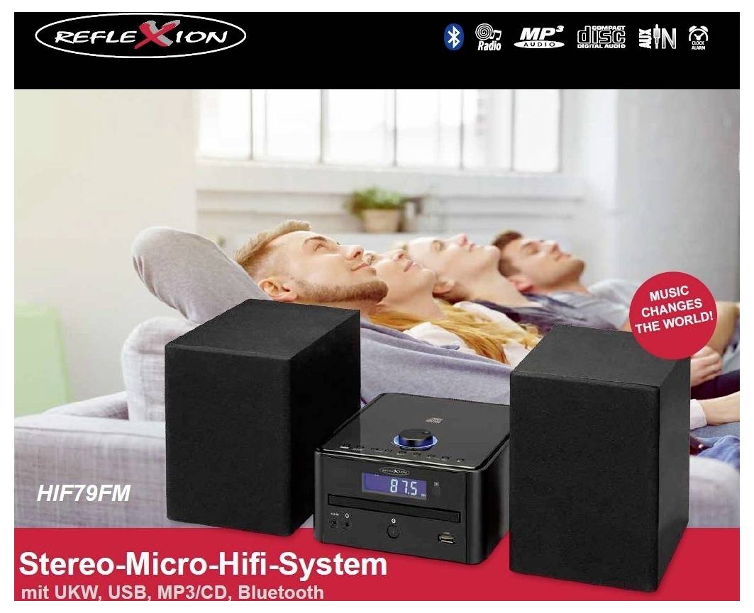 Werbung für Stereo-Micro-Hifi-System mit zwei Lautsprechern und Kompaktgerät; Text nennt UKW, USB, MP3/CD und Bluetooth.