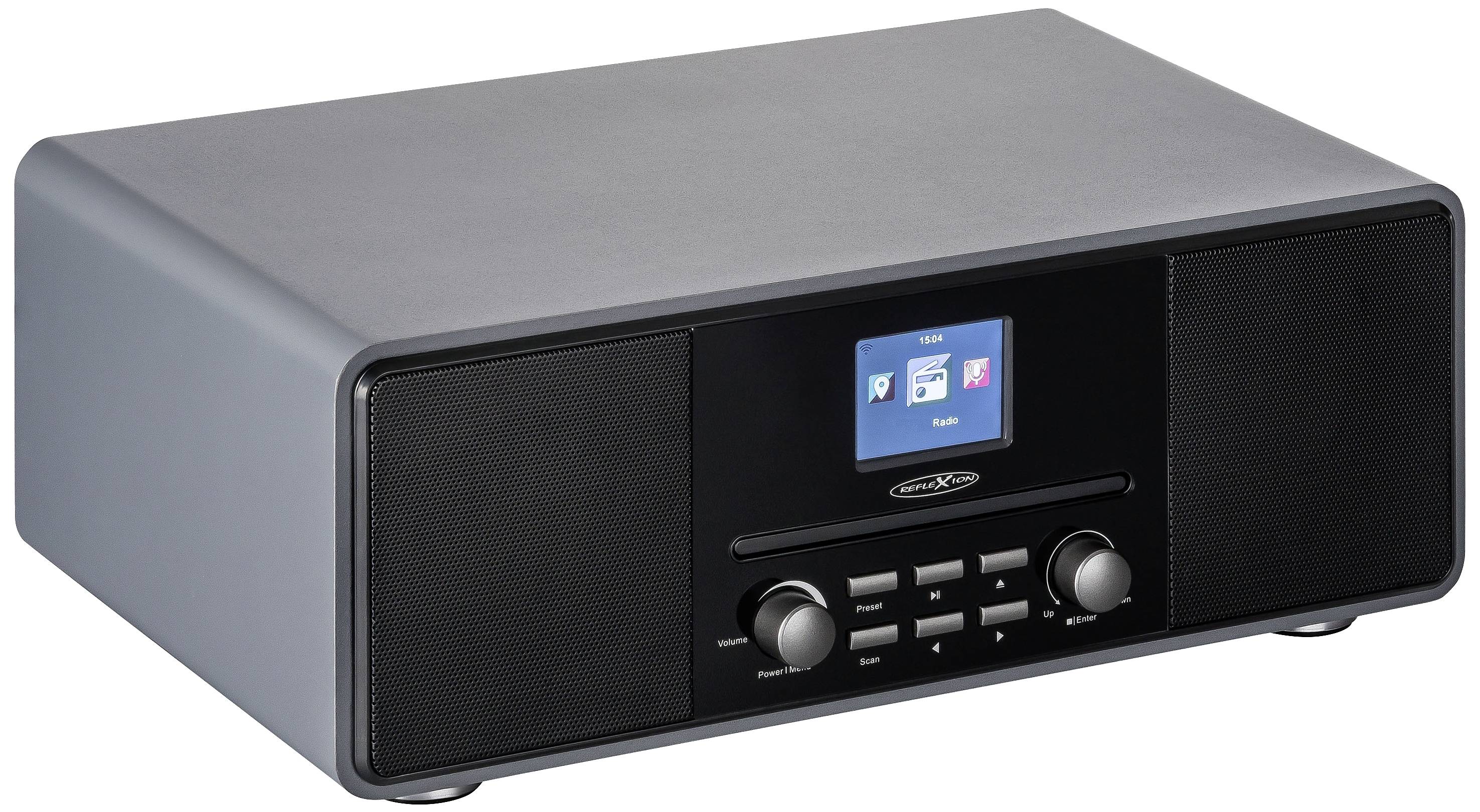 Ein modernes, graues Radio mit kleinem digitalen Display und mehreren Knöpfen an der Vorderseite. Display zeigt Symbole für Radio und Einstellungen an.