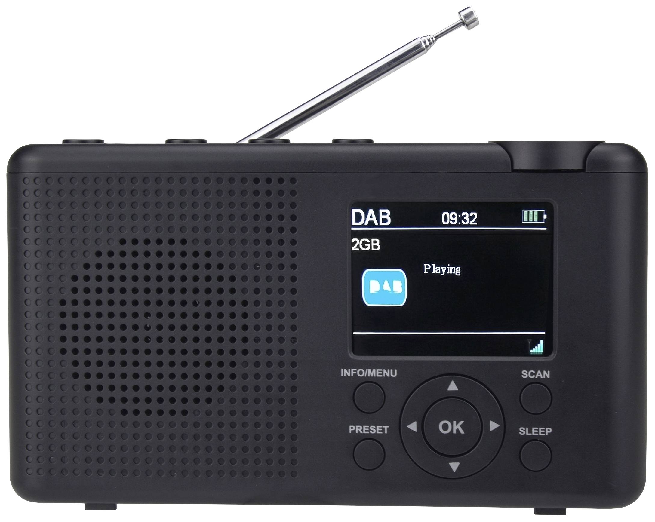 Ein tragbares Digitalradio mit Antenne, zeigt auf dem Bildschirm 'DAB' an. Es läuft ein Lied, und der Ton wird über den Lautsprecher abgespielt.