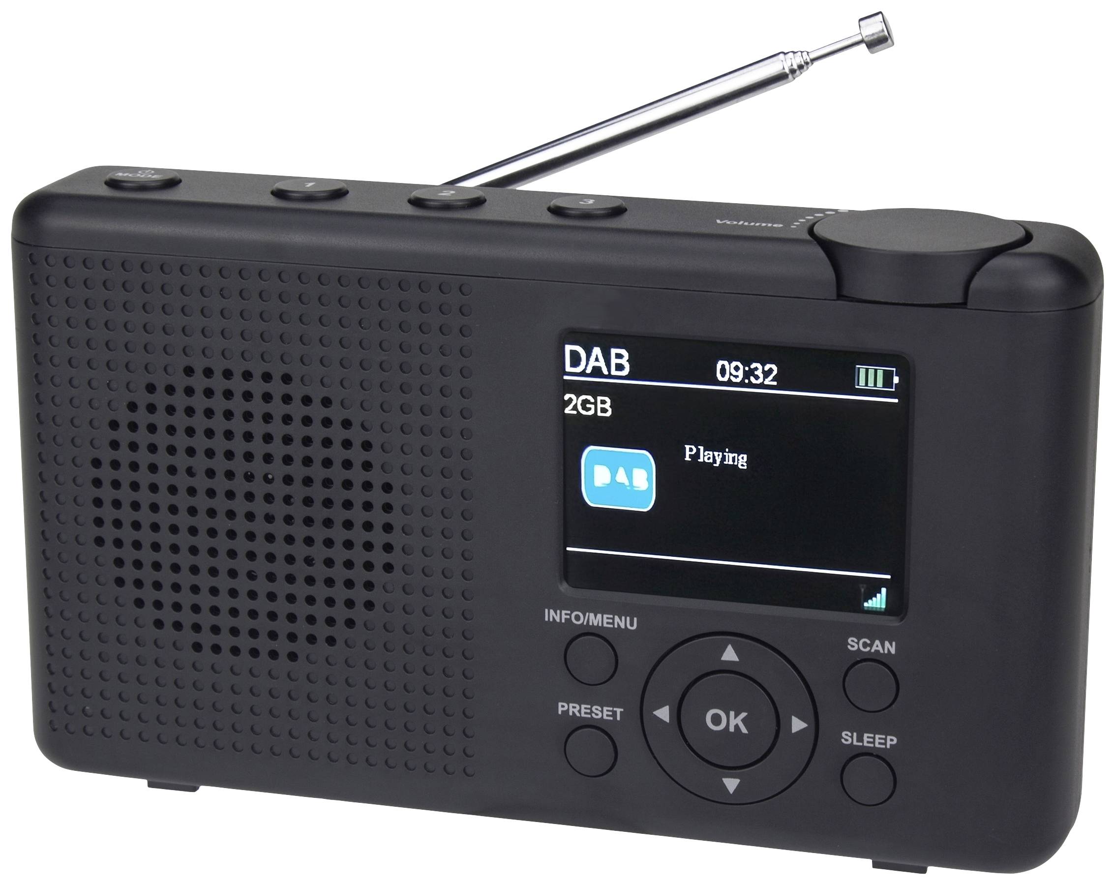 Schwarzes tragbares DAB-Radio mit Antenne; zeigt digitalen Bildschirm mit 'Playing'. Tasten zur Senderwahl und Lautstärkeregelung.