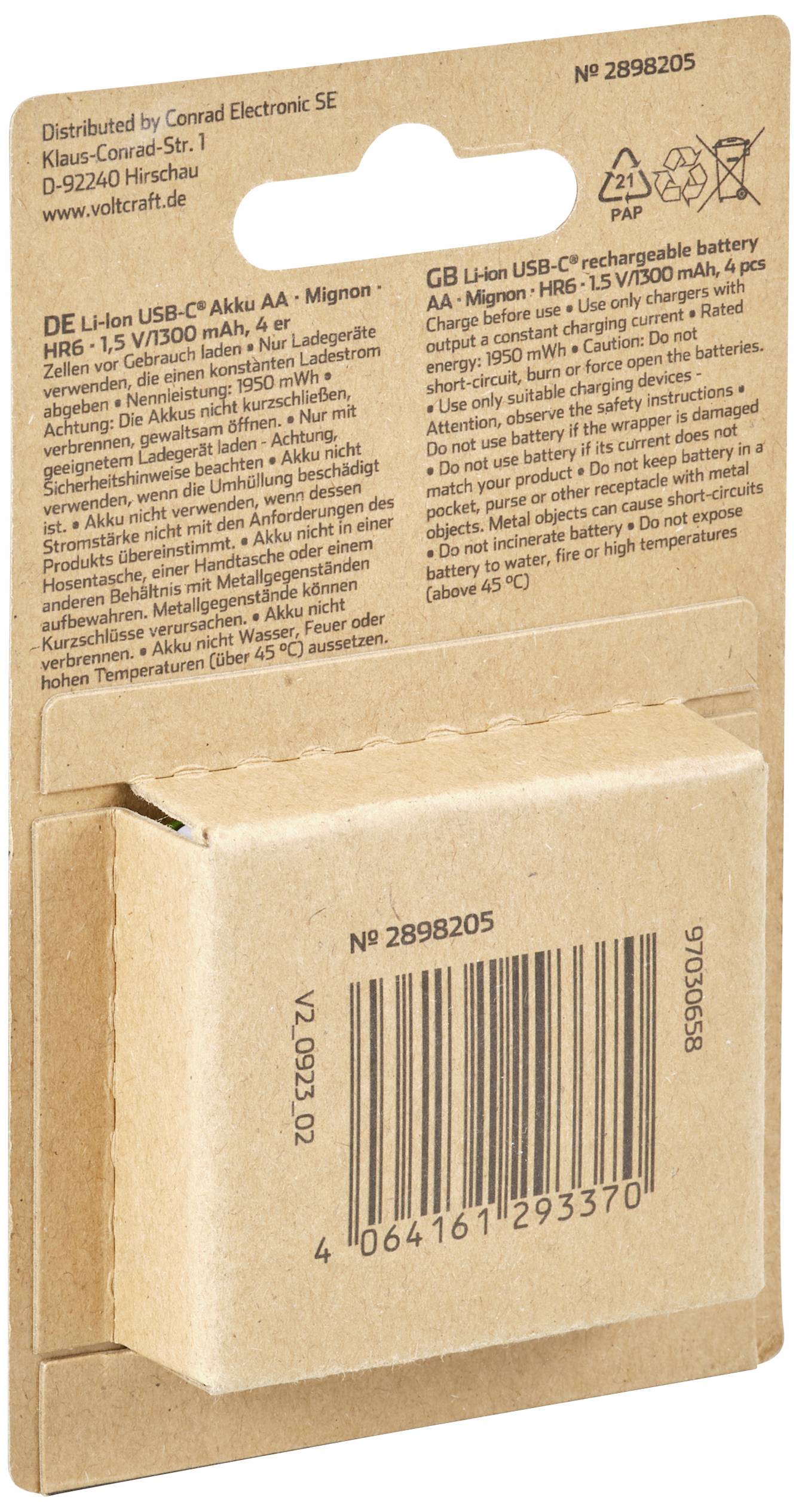 VOLTCRAFT VC-AA1300USB USB-C® Akku Li-Ion 1300 mAh 1.5 V 4 St.