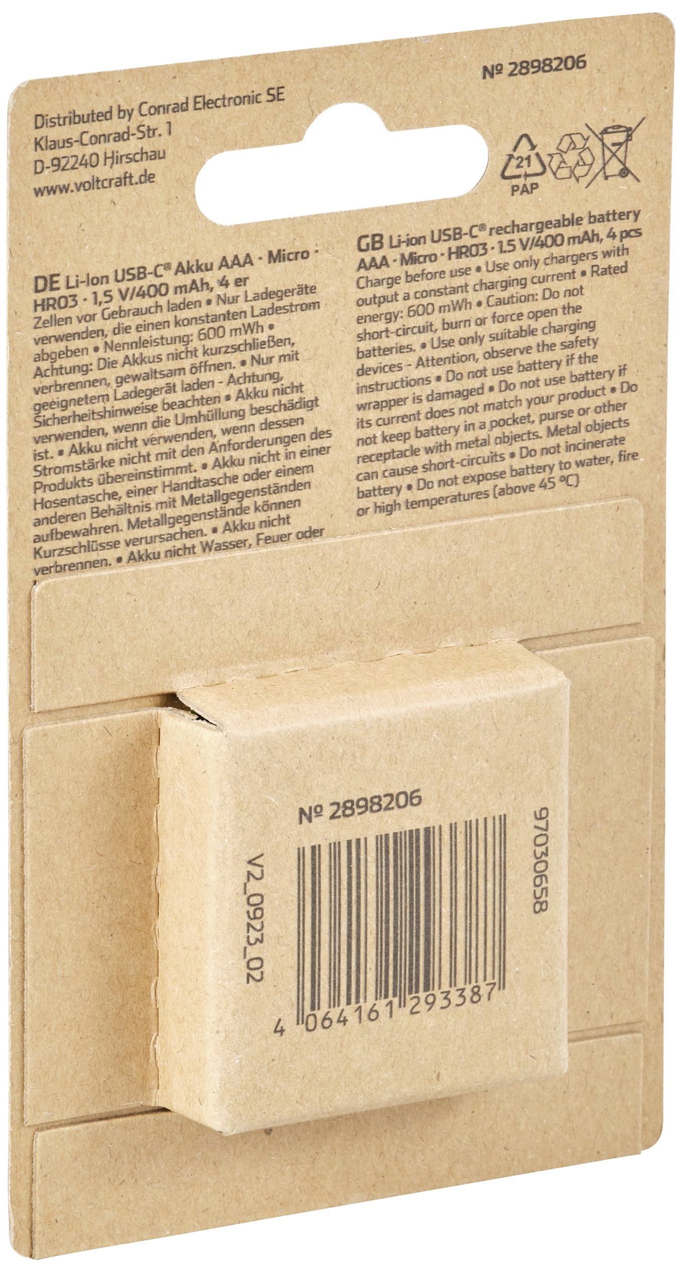 VOLTCRAFT VC-AAA400USB USB-C® Akku Li-Ion 400 mAh 1.5 V 4 St.