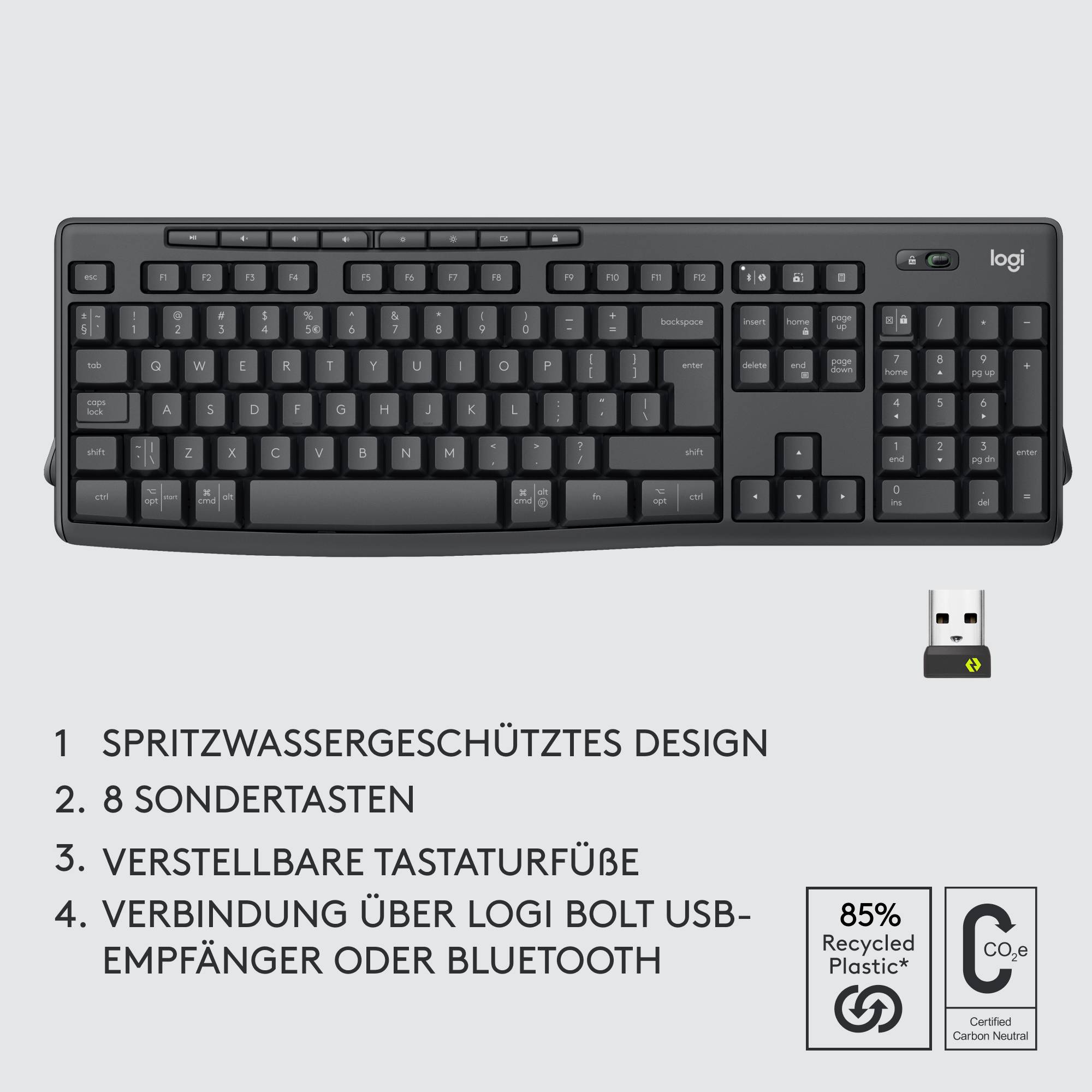 Logitech MK370 Combo for Business Bluetooth® Tastatur, Maus-Set Spritzwassergeschützt, Geräuscharme Tasten Deutsch, QWERTZ Schwarz