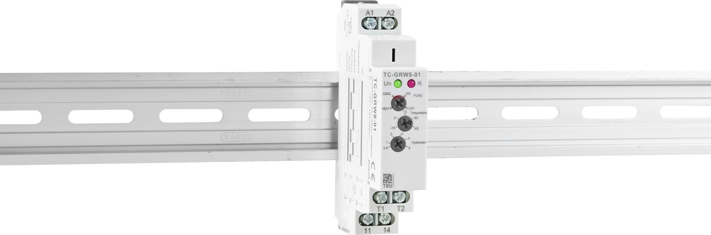Weißes elektronisches Gerät zur Montage auf einer DIN-Schiene mit Knöpfen und farbigen LEDs zur Steuerung oder Regelung.