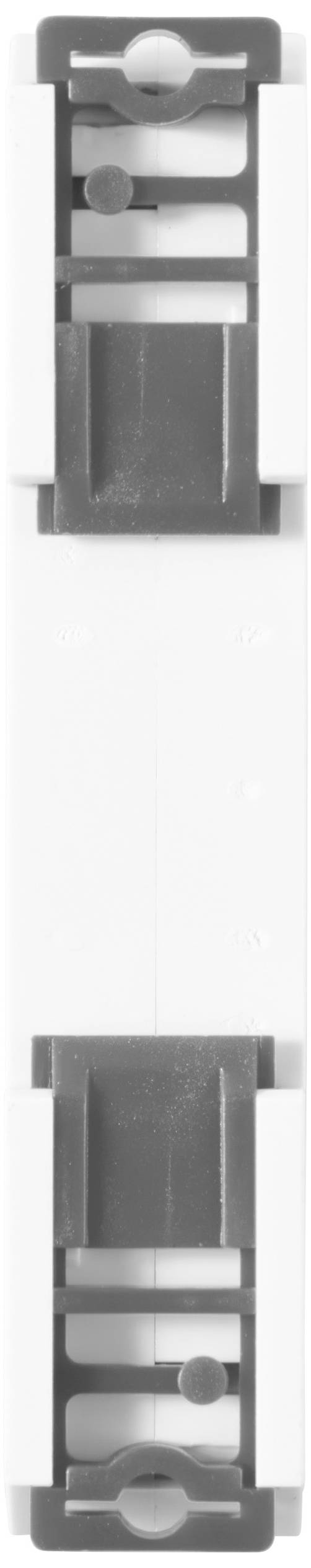 Ein weißes Element mit grauen Halterungen oben und unten, möglicherweise ein industrielles Bauteil oder ein Elektroanschlussstück.