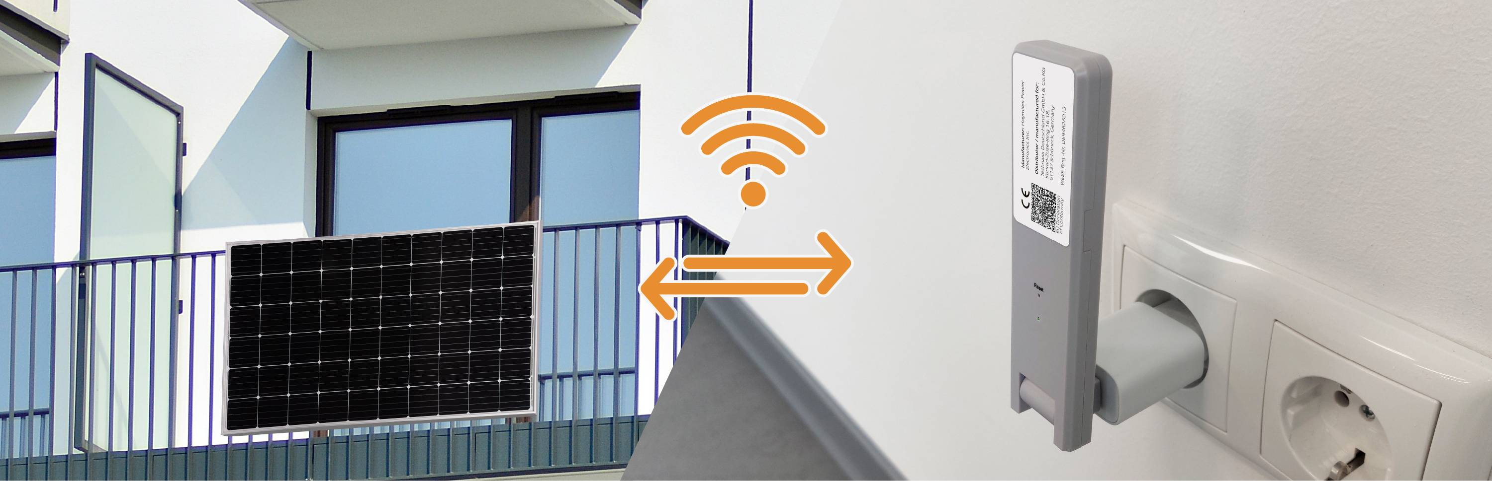 Ein Solarpanel auf einem Balkon ist mit einem WLAN- und Steckdosengerät verbunden, symbolisiert durch ein oranges WLAN-Symbol.