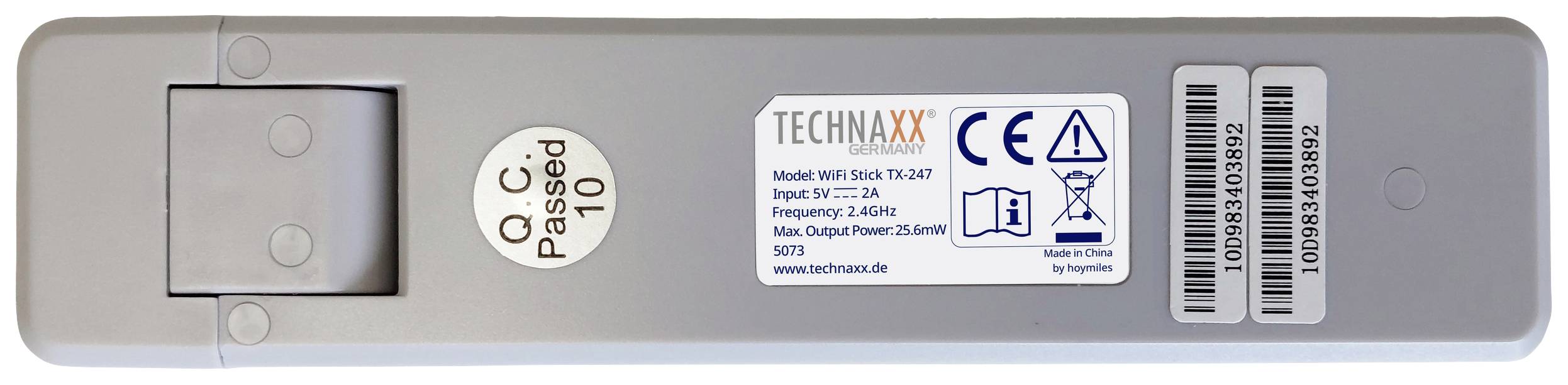 Rückseite eines WLAN-Sticks von Technaxx mit Etikett. Zeigt Modellnummer TX-207, Eingangsleistung 12V-2A, Frequenz 5,8GHz, CE- und RoHS-Symbole.