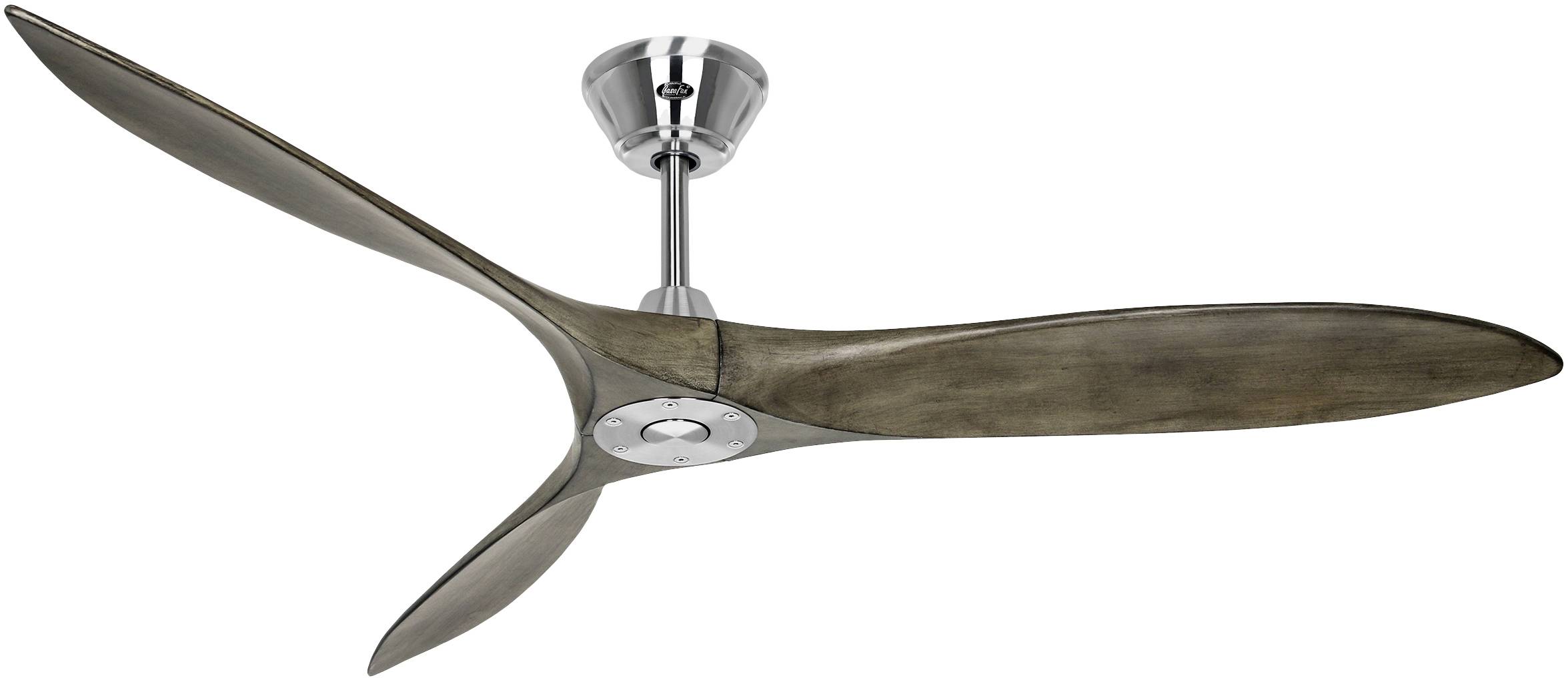 Ein moderner Deckenventilator mit drei geschwungenen Holzblättern und einer Metallhalterung. Ideal für stilvolle Raumkühlung.