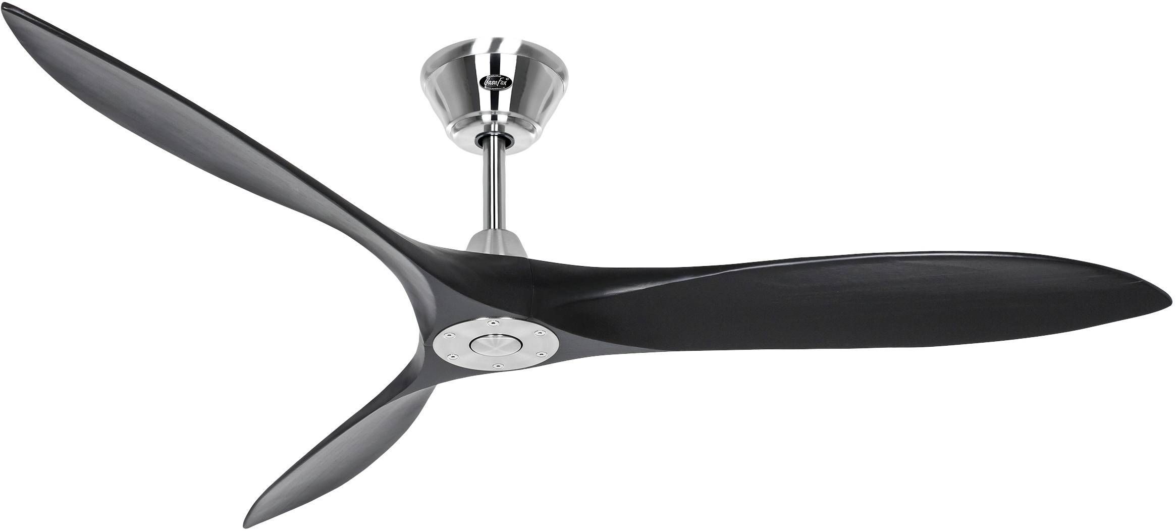 Ein schwarzer Deckenventilator mit drei geschwungenen Flügeln und einem glänzenden silbernen Gehäuse.