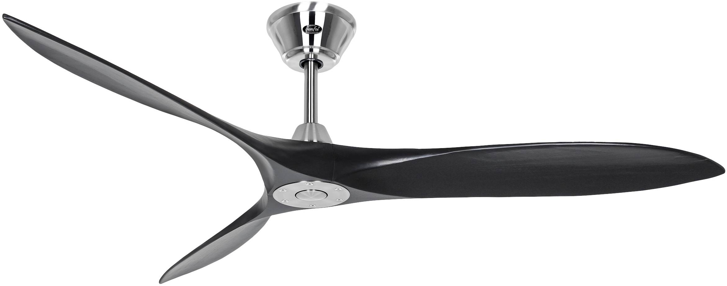 Deckenventilator mit drei langen, geschwungenen schwarzen Flügeln und einem silbernen Motor. Modernes Design.