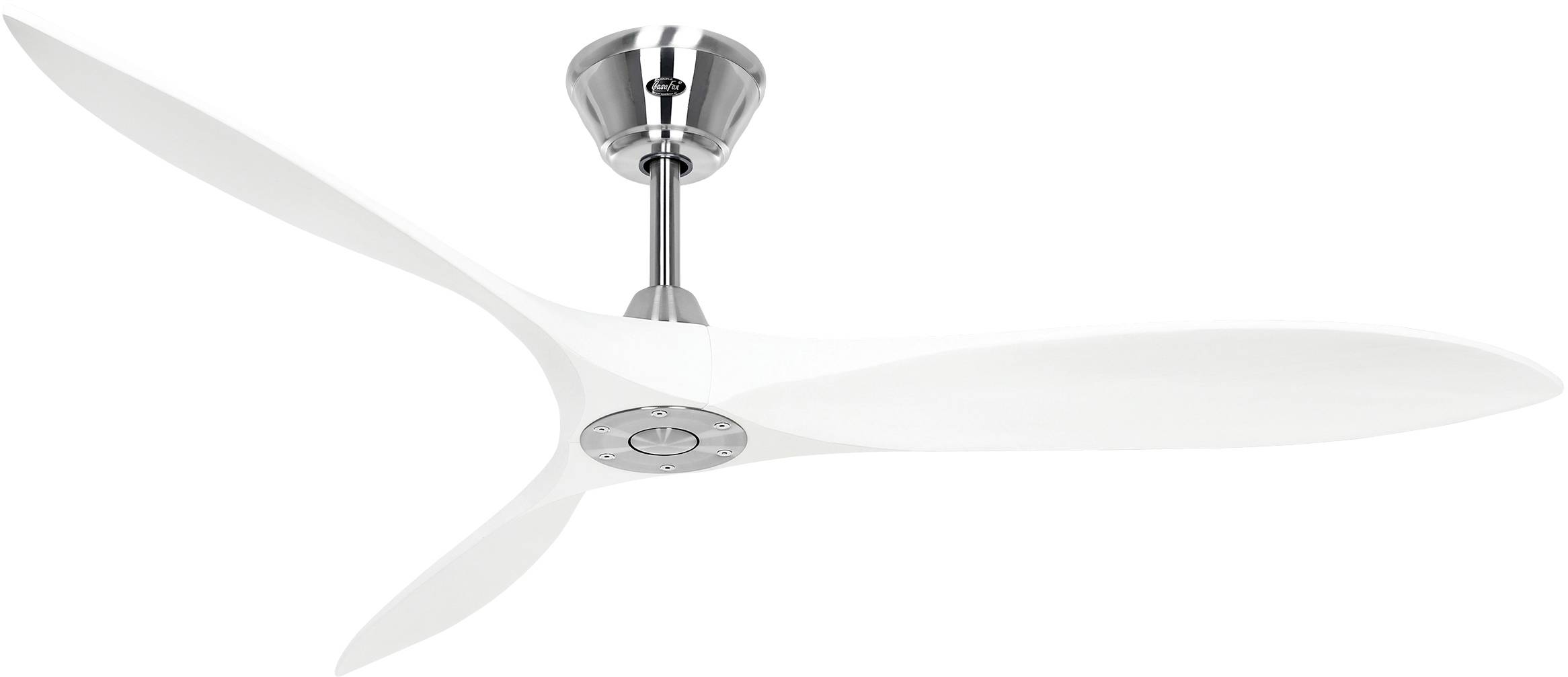 Ein moderner, weißer Deckenventilator mit drei Flügeln und silbernem Motor. Ideal zur Kühlung von Innenräumen.