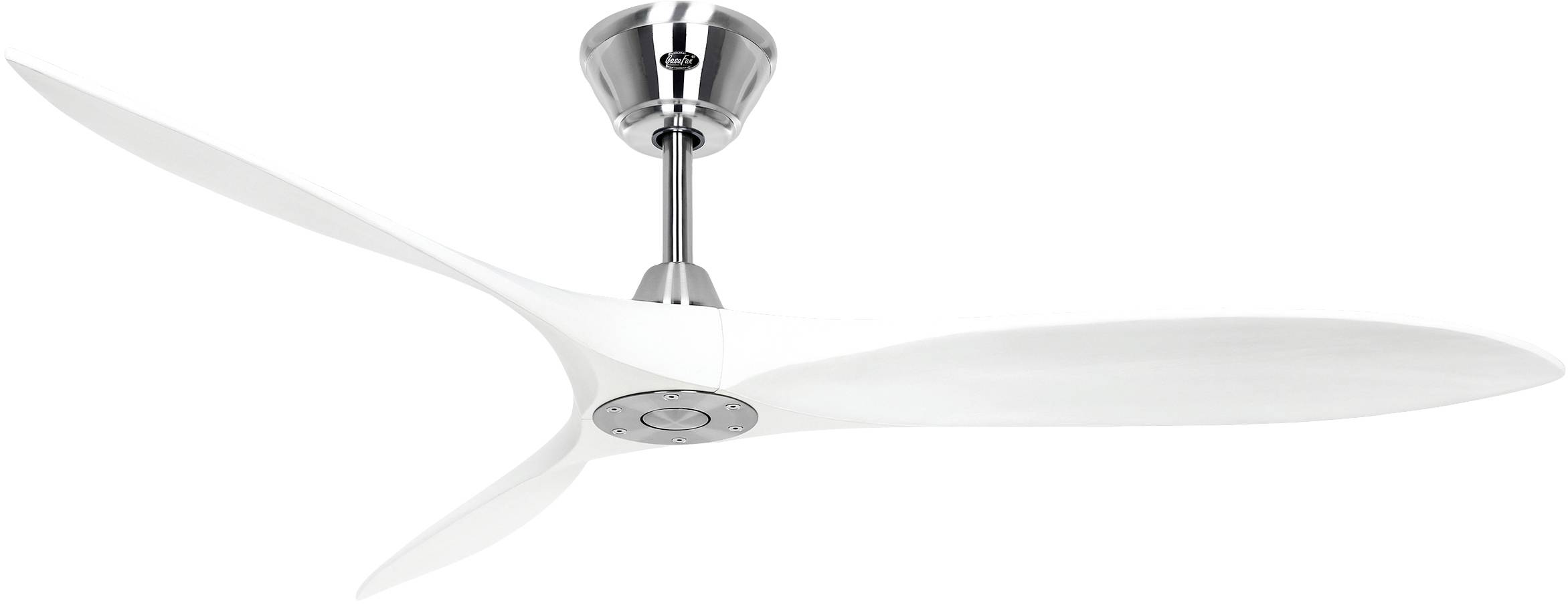 Ein moderner Deckenventilator mit drei weißen, geschwungenen Flügeln an einer metallischen Aufhängung, stilvolles Design.