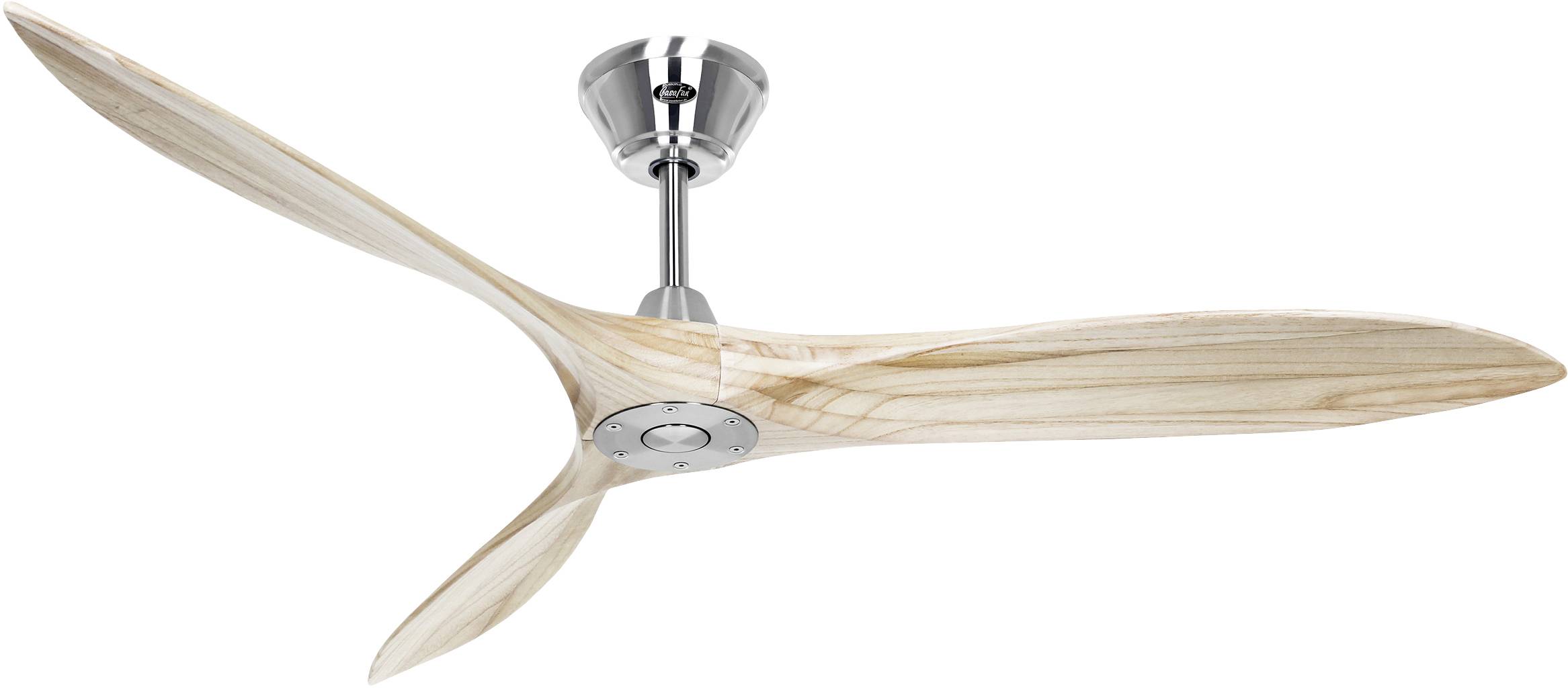 Ein moderner Deckenventilator mit drei hellbraunen Holzflügeln und einem silbernen Metallgehäuse, geeignet für Wohnräume.