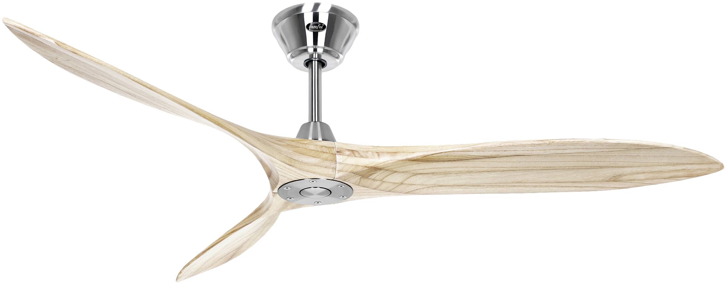 Deckenventilator mit drei hellen Holzflügeln und einer silbernen Halterung, zeigt modernes und minimalistisches Design.