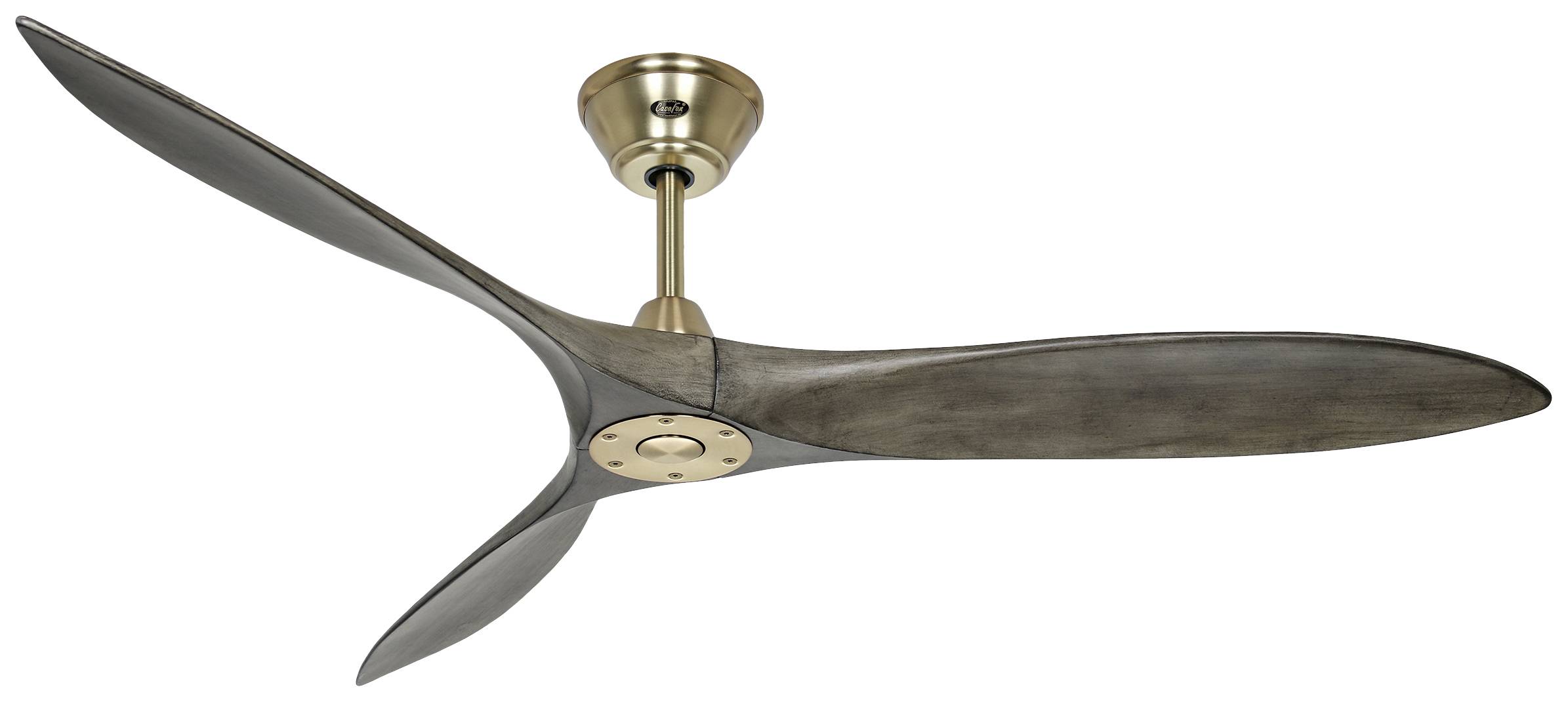 Ein Deckenventilator mit drei länglichen Holzflügeln und einem bronzefarbenen Metallgehäuse, hängend an einer kurzen Stange.