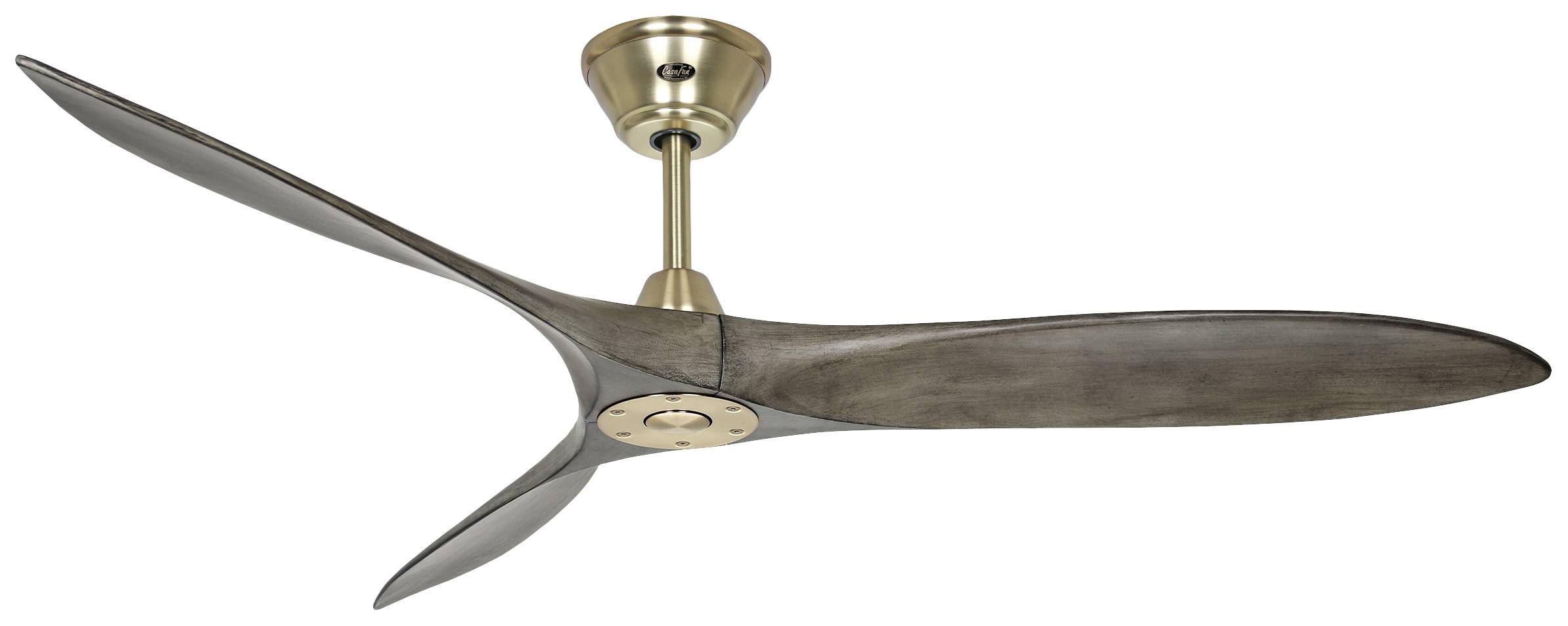 Dunkelbrauner Deckenventilator mit drei langen Flügeln und bronzenem Baldachin, ideal für moderne Innenräume.