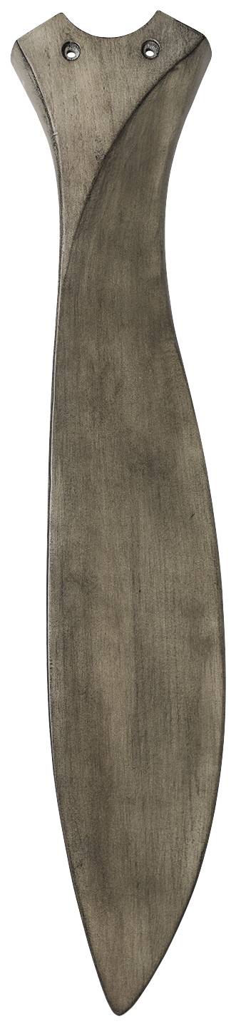 Langes, ovales Holzobjekt mit geschwungener Form und zwei kleinen Löchern am breiteren Ende. Es hat eine glatte, natürlich wirkende Oberfläche.