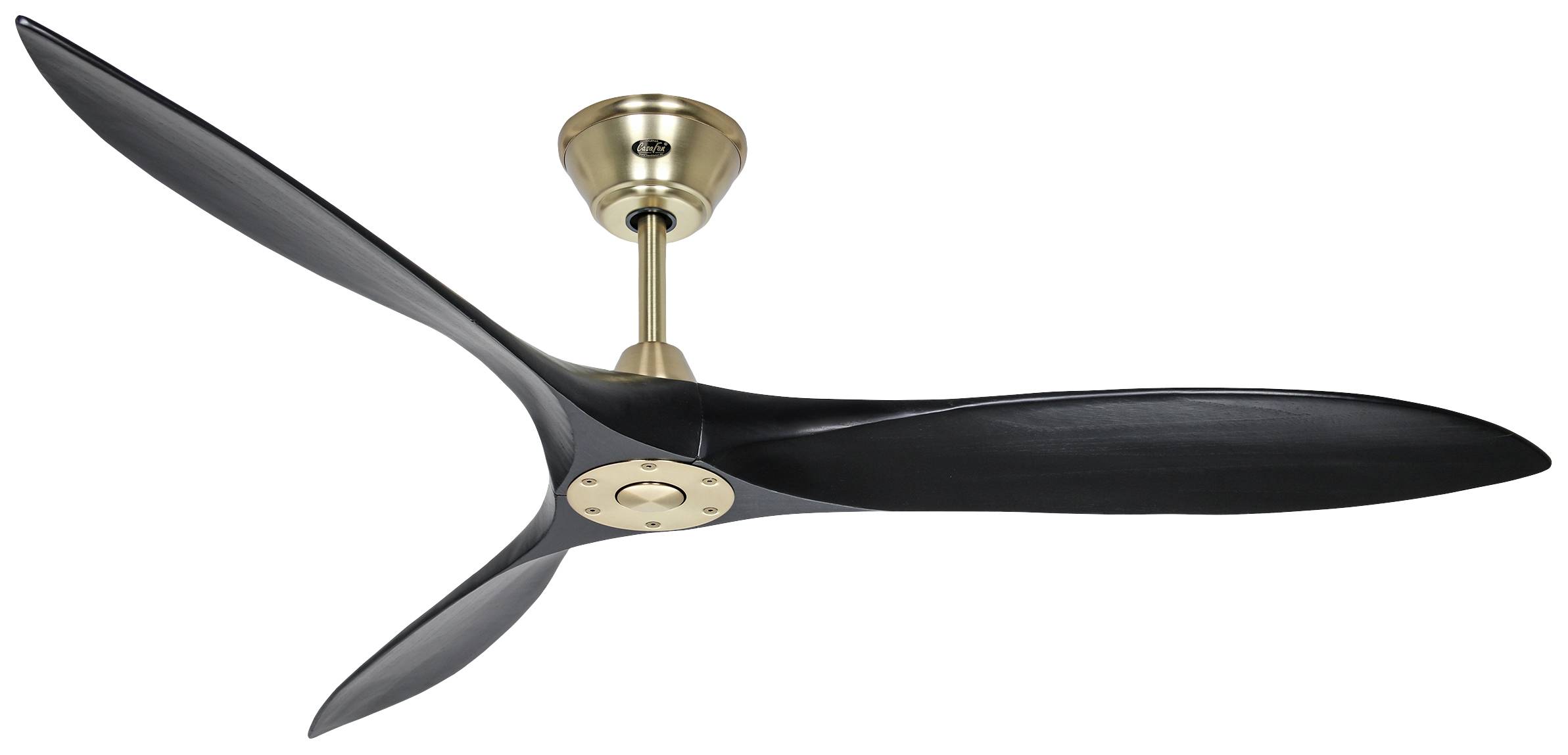 Deckenventilator mit drei schwarzen Flügeln und einem bronzefarbenen Motor, montiert an einer goldfarbenen Deckenhalterung.