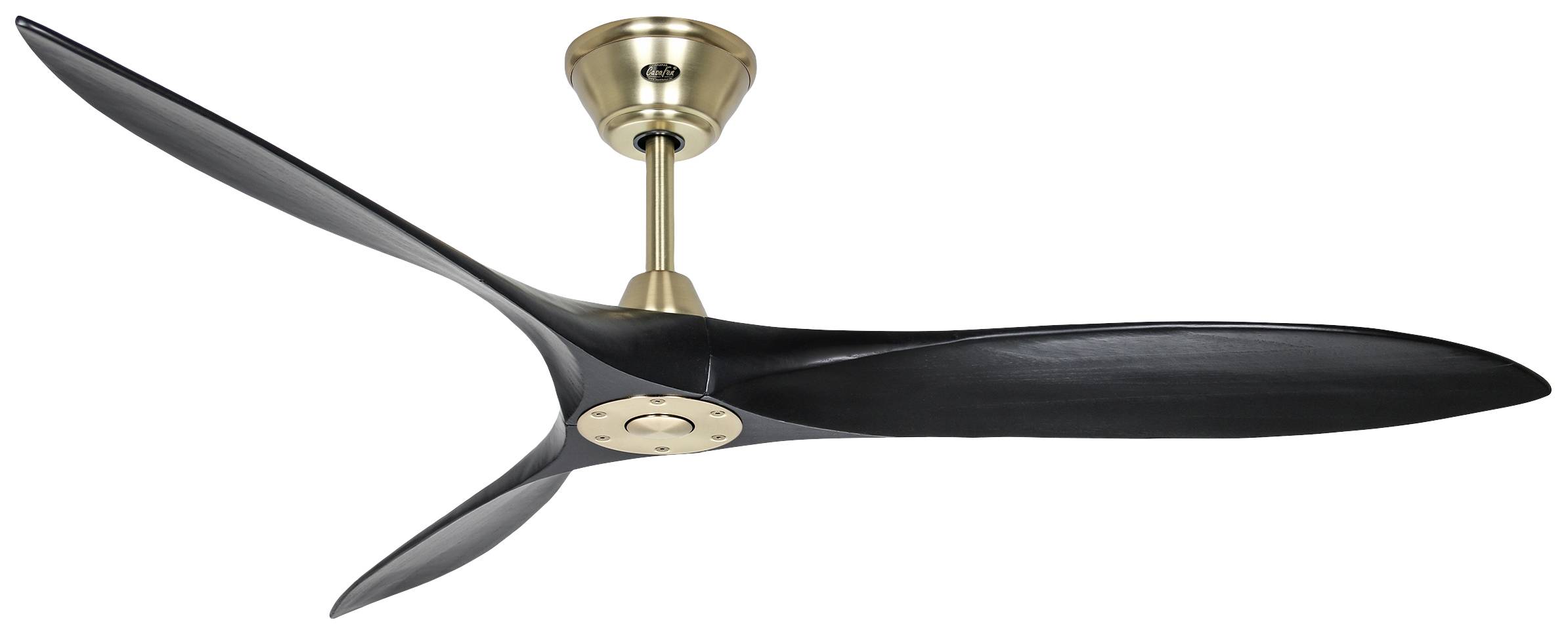 Schwarzer Deckenventilator mit drei Flügeln und goldener Halterung, in der Mitte einer weißen Decke montiert.