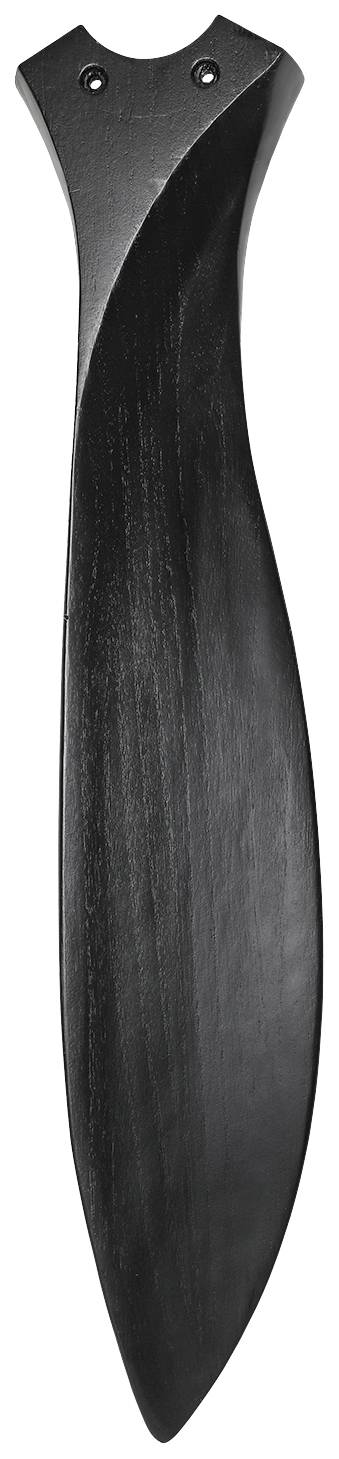 Ein schwarzes, geschwungenes Holzdekor-Element mit zwei kleinen Löchern am oberen Ende.