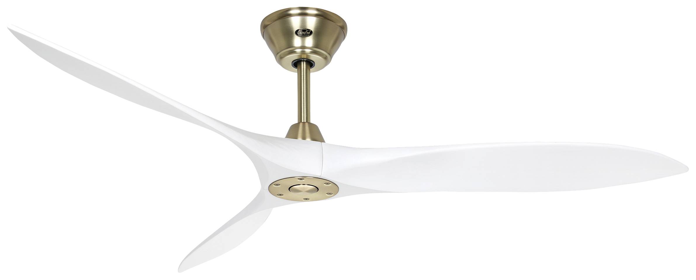 Deckenventilator mit drei weißen Flügeln und einer goldfarbenen Halterung, an der Decke montiert.