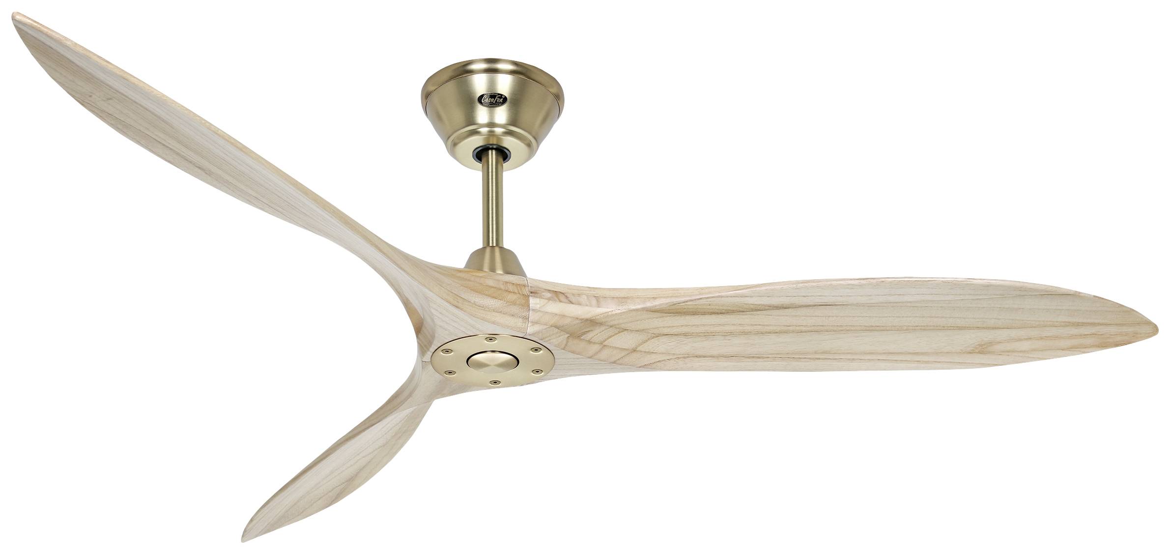 Deckenventilator mit drei geschwungenen Holzflügeln und einem Metallgehäuse im Retro-Design.