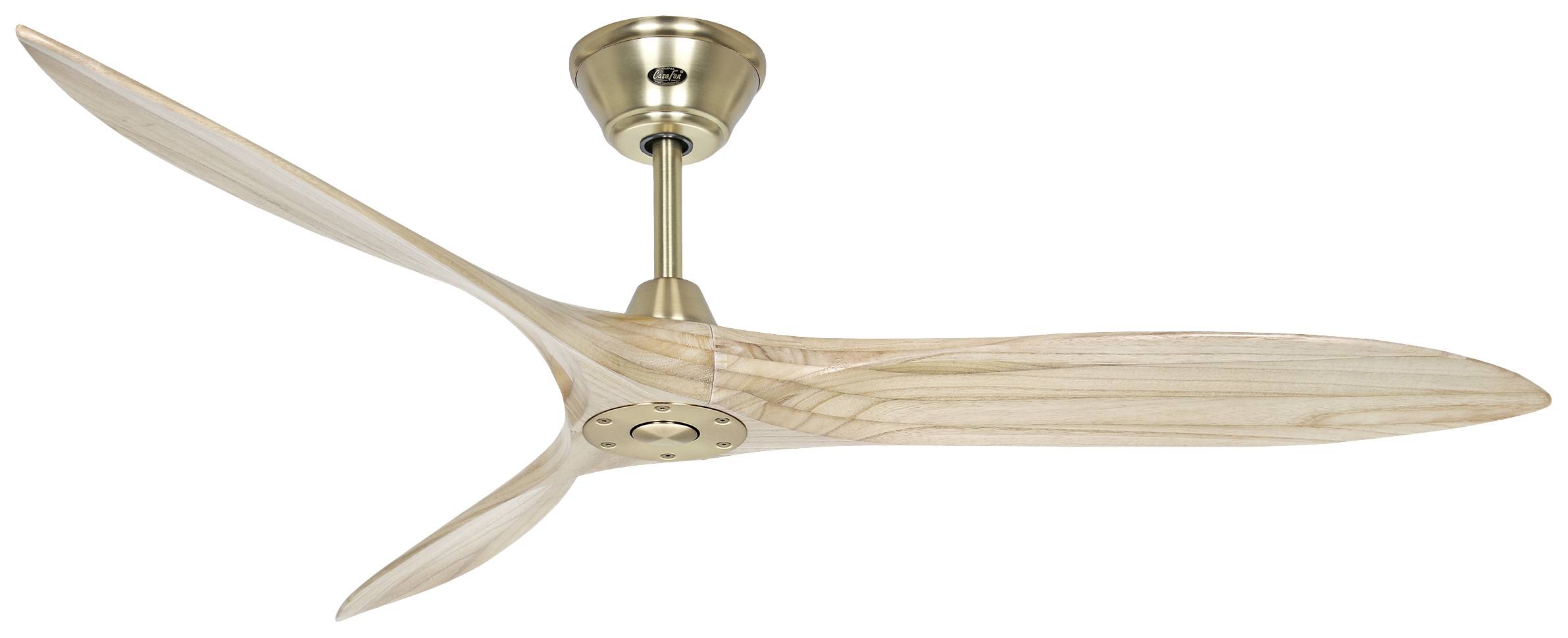 Ein Deckenventilator mit drei holzfarbenen Flügeln und einem messingfarbenen Motor. Geeignet für moderne Wohnraumgestaltung.