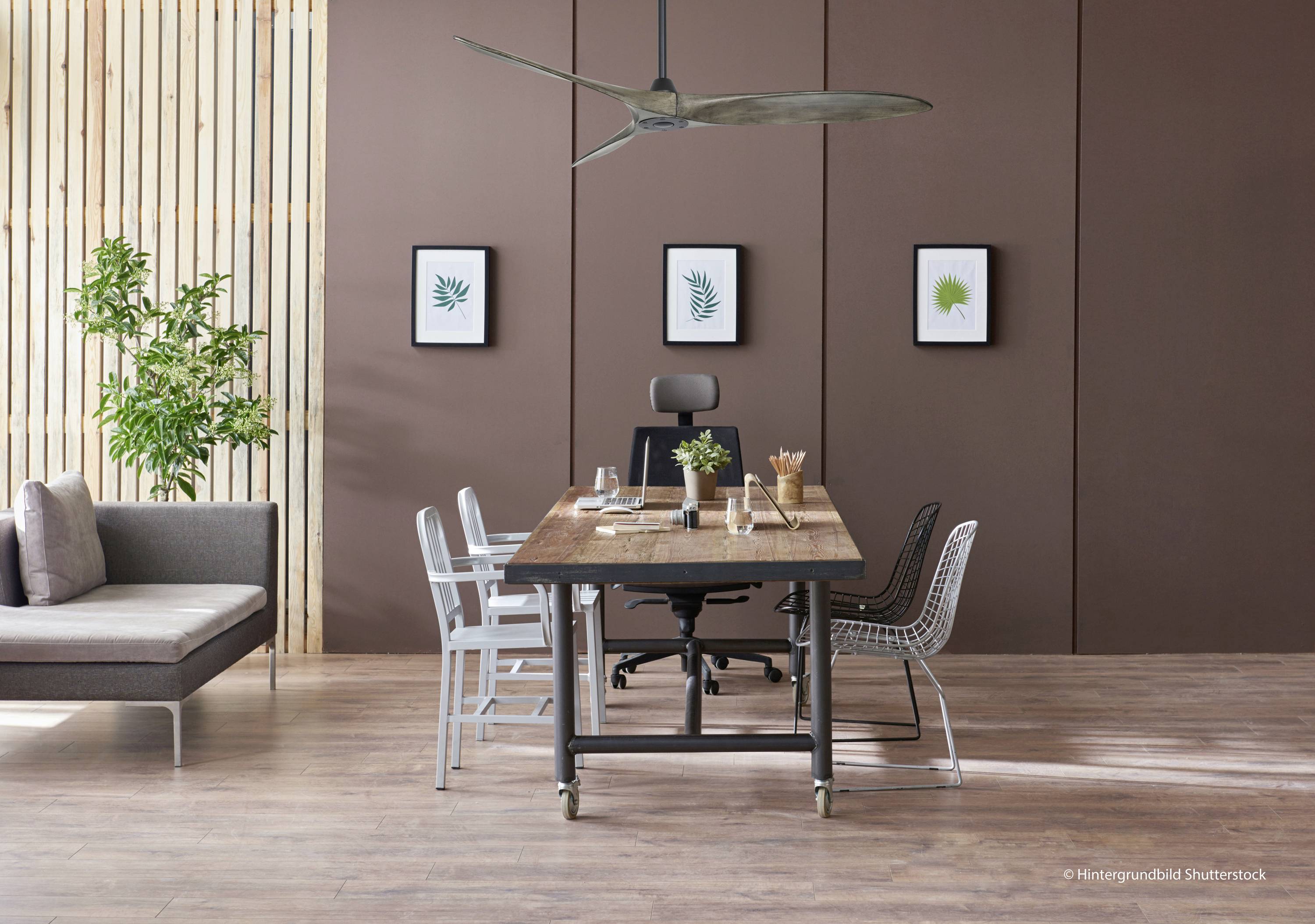 Konferenzraum mit langem Holztisch, umgeben von verschiedenen Stühlen. An der Wand hängen vier gerahmte Bilder mit Pflanzenmotiven.