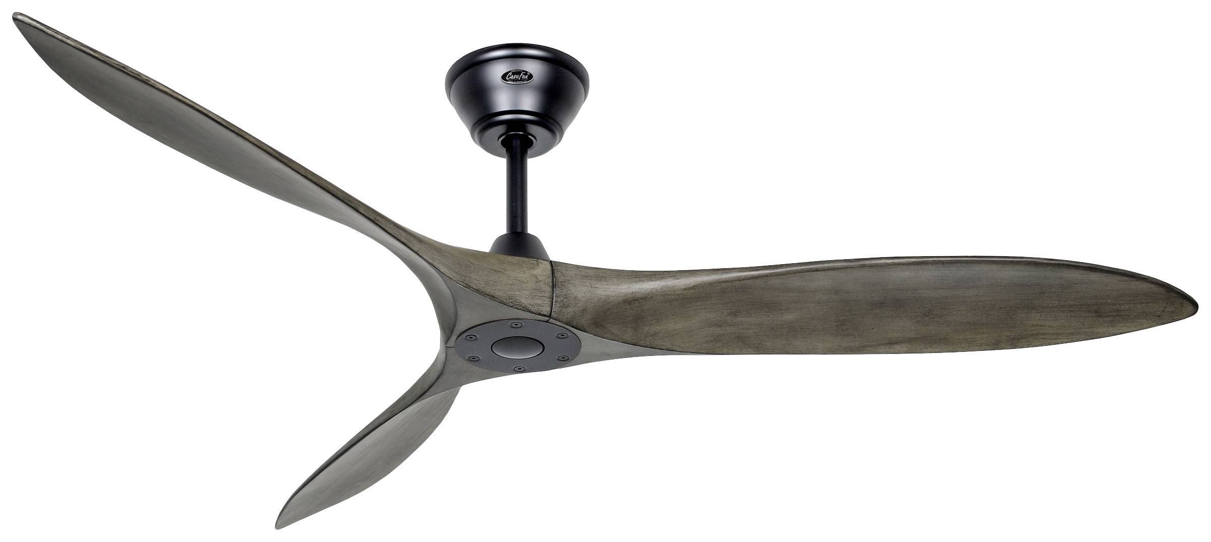 Ein dreiflügeliger Deckenventilator in einem modernen Design mit dunklem Holzfinish auf den Flügeln und einem Metallgehäuse.