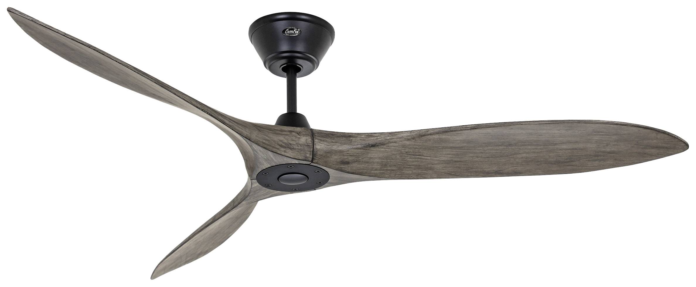 Deckenventilator mit drei dunkelbraunen Holzflügeln und einem schwarzen Befestigungselement. Modernes Design für Wohnräume.