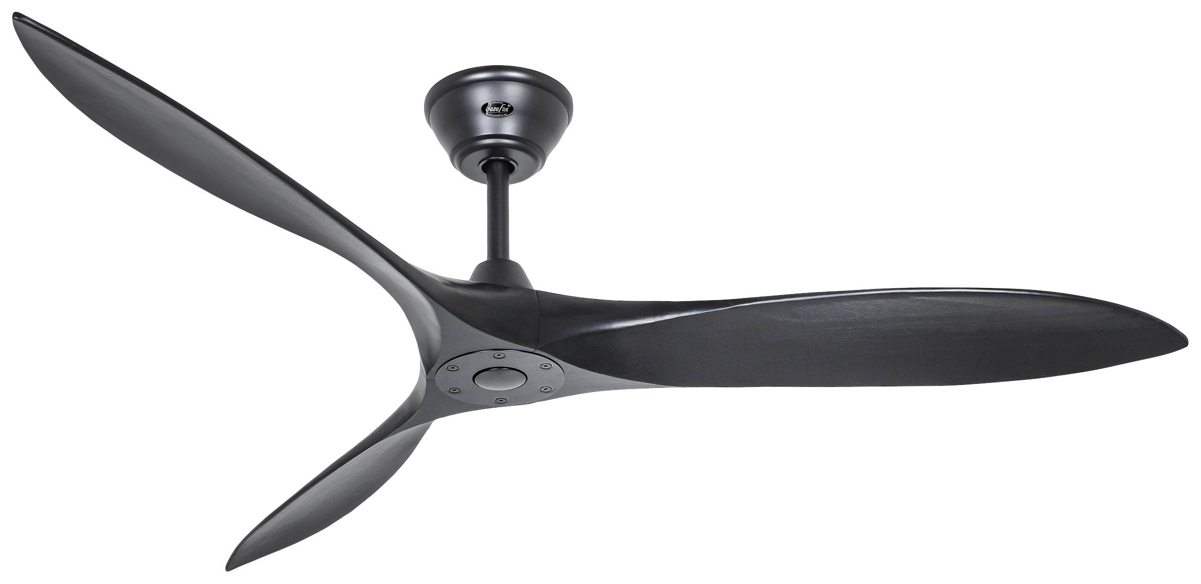 Deckenventilator mit drei schwarzen Flügeln und modernem Design; Ansicht von unten, zeigt aerodynamische Form und Befestigungspunkt.